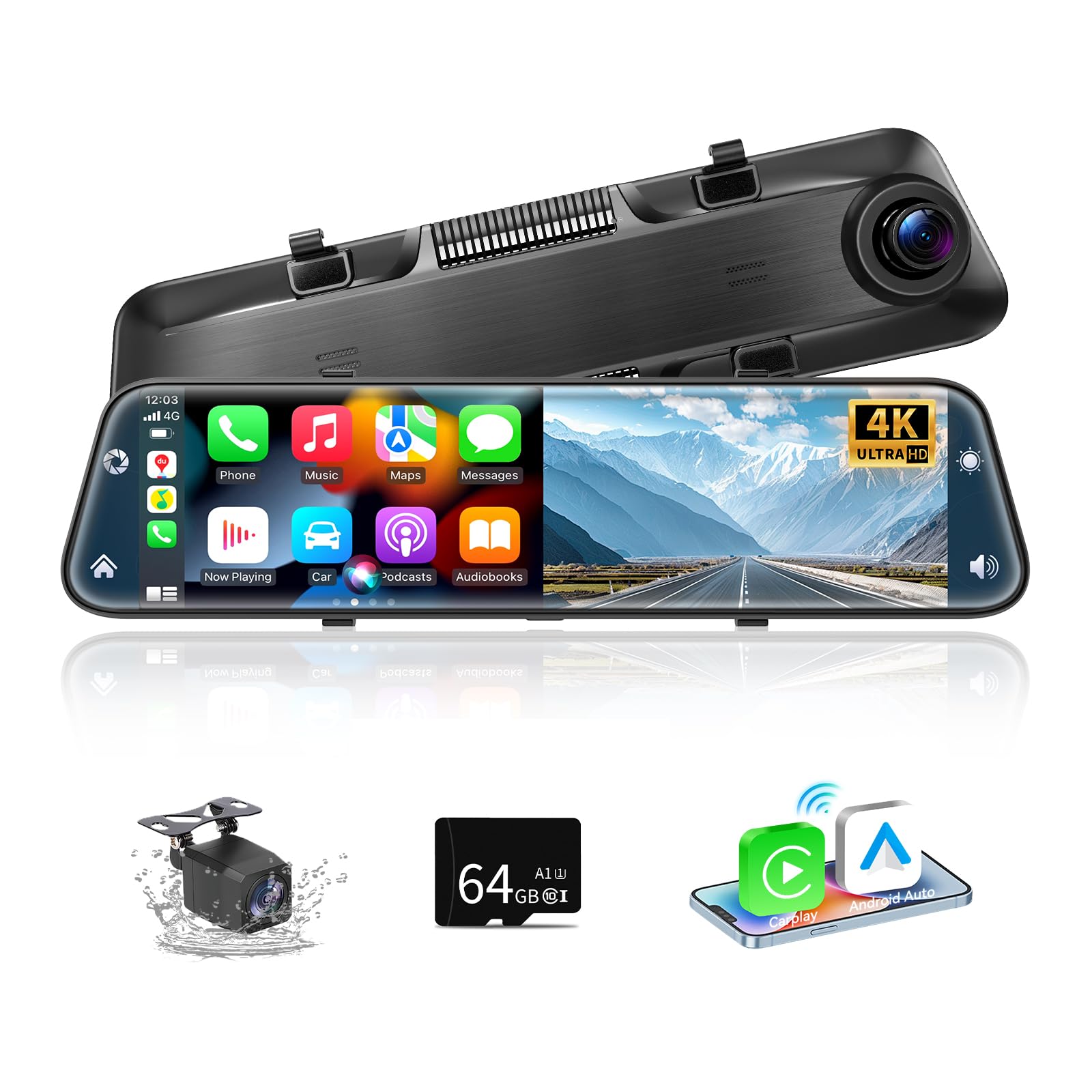 Herilary 12 Zoll 4K Rückfahrkamera Spiegel mit Wireless Android Auto CarPlay, Dashcam Spiegel mit G-Sensor, Loop-Aufnahme, Einparkhilfe, Bluetooth, Mirror Link, AUX, SD-Karte, WDR, HD Touchscreen