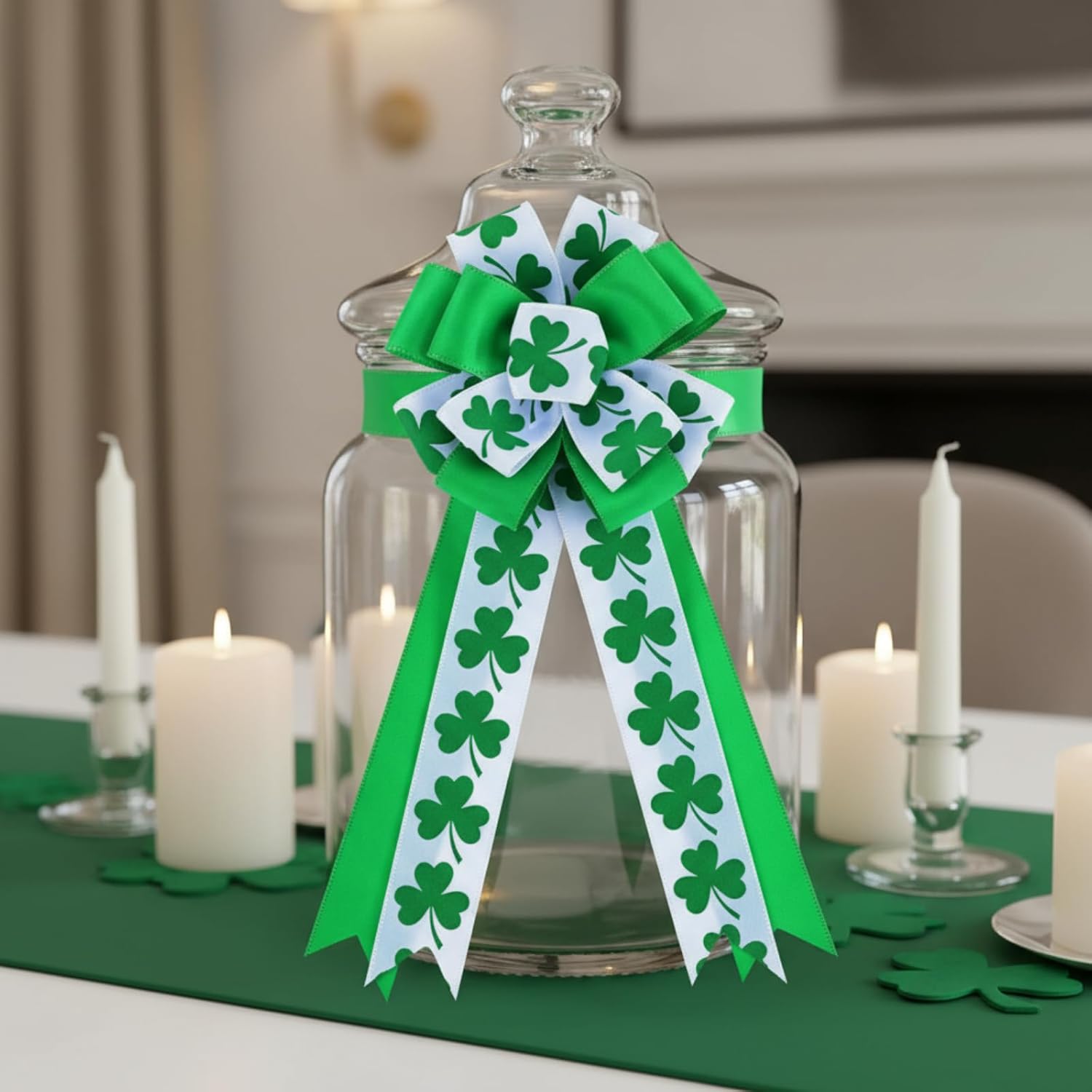 WILLBOND 6 Pcs St. Patrick's Day Wreath Bow Green Shamrock Satin Bow Gift, Clover Irish Holiday Ornament for Saint Patrick's Day Party Decor Door Wall Porch Indoor Outdoor Decoration - Image 5