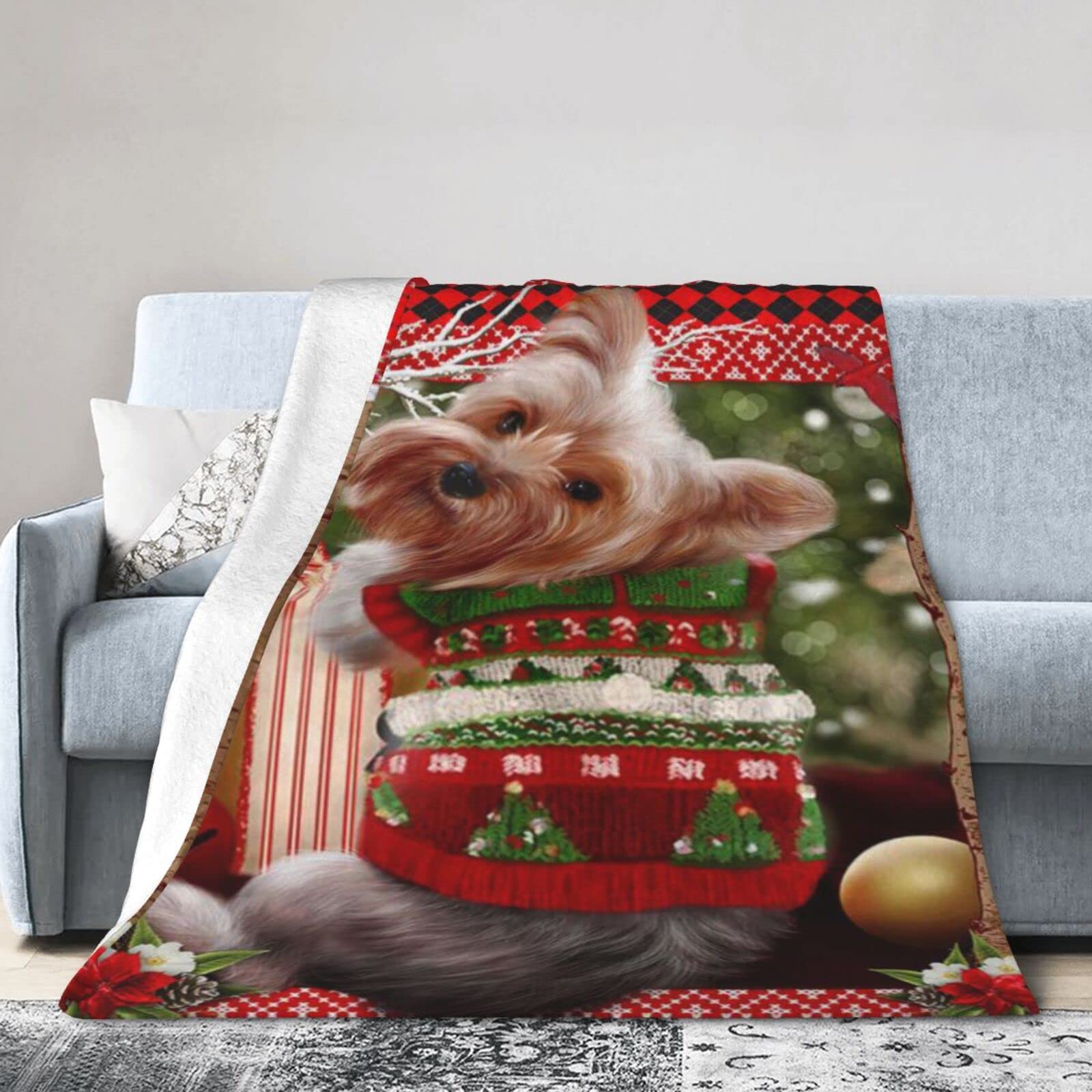 Lsjuee Flannel Fleece Blanket 40"X30" Yorkie Christmas Bed Throw Blanket Weighted Ultra-Soft Travel Winter Blankets for Mens Keep Warm