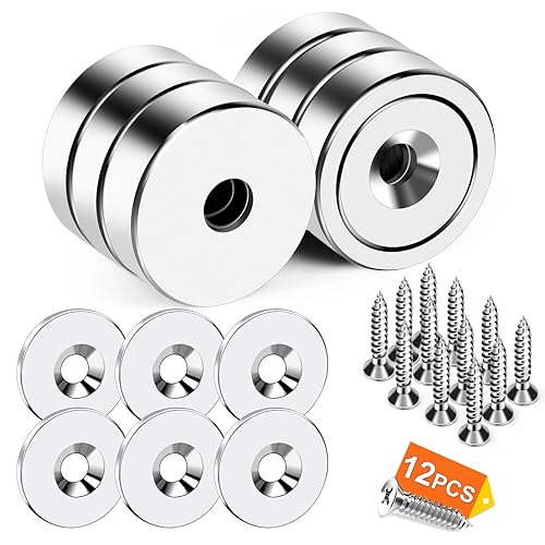 DIYMAG 6 imanes de neodimio de base redonda de neodimio, imanes fuertes de tierras raras de 40 libras con agujero avellanado resistente y tornillos