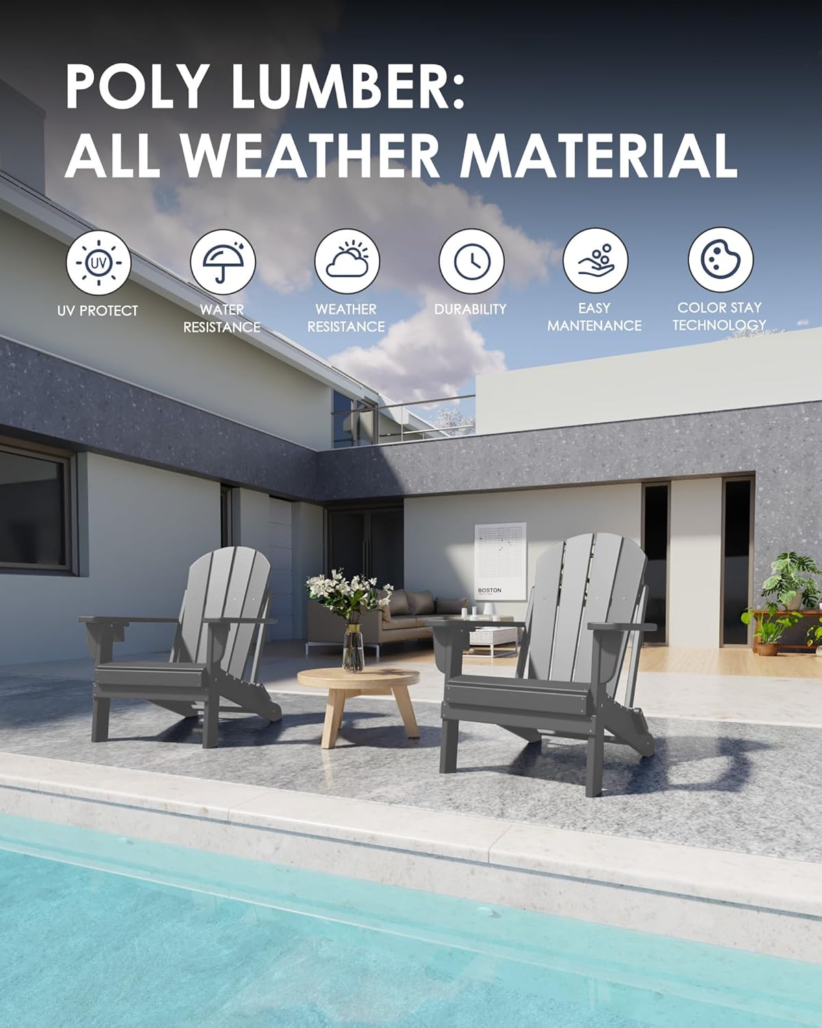 Folding Adirondack Chairs Set of 2, All-Weather Resistant HDPE Patio Firepit Chairs, Sturdy Outside Chairs with Cup Holder, Lawn Chairs, 80% Pre-Installed Load Capacity 385lb, Slate Grey