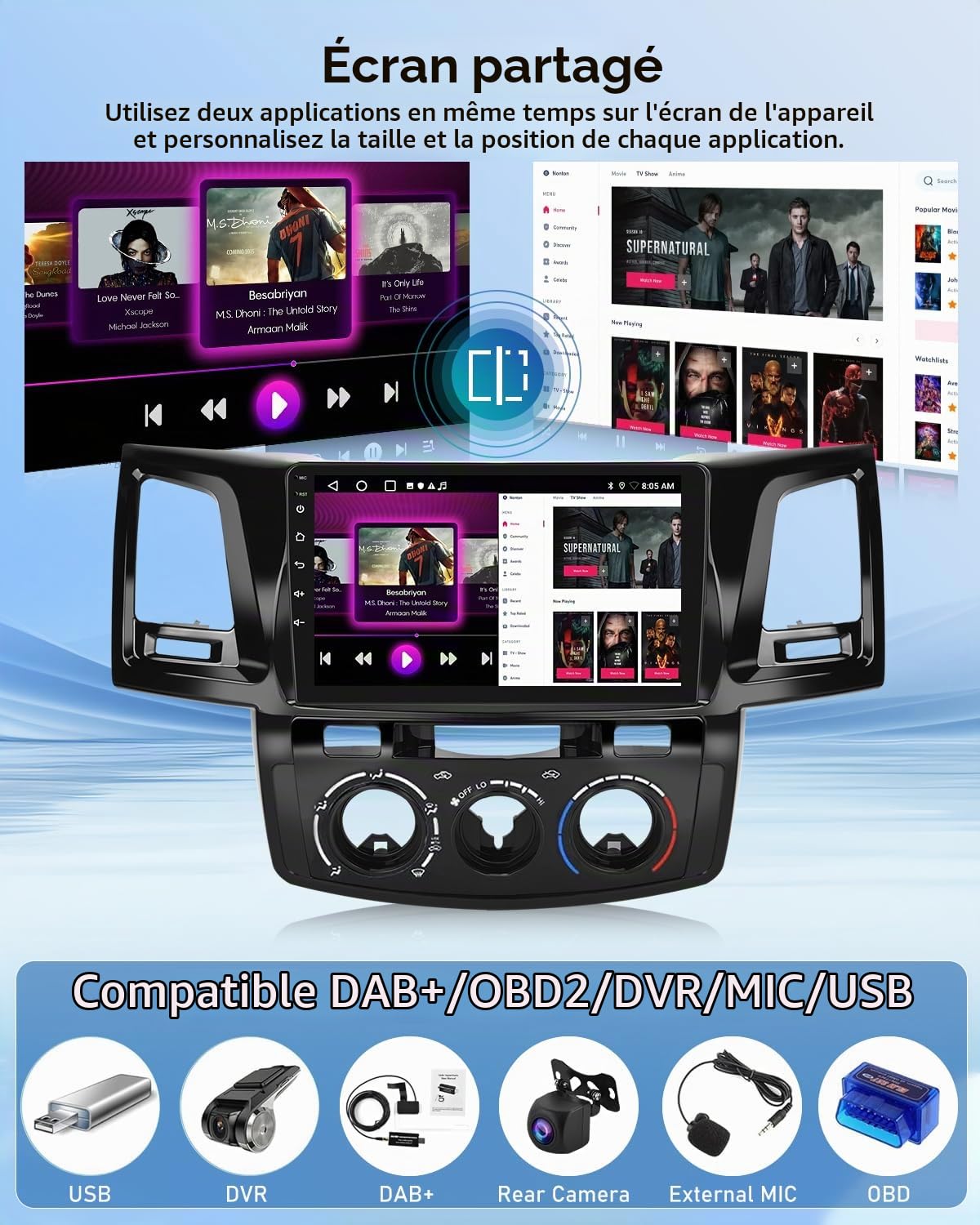 NHOPEEW Autoradio Android 2G+64G pour Toyota Hilux 2005-2014 - sans Fil Carplay & Android Auto - Stéréo Android 9 Pouces avec WiFi EQ GPS Mirror Link FM RDS + AHD Caméra de recul&Mic