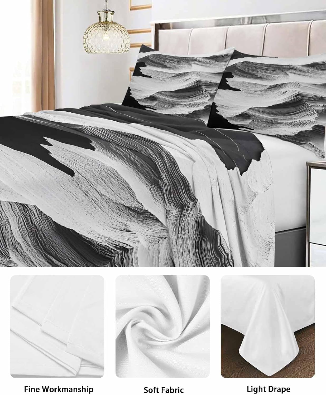 Full Size Flat Sheet Only, White Ocean Soft Brushed Microfiber Bed Sheets, Black Beach Coastal Modern Minimalist Hotel Quality Breathable Bedding Top Sheet, Easy Care, 81"x96"