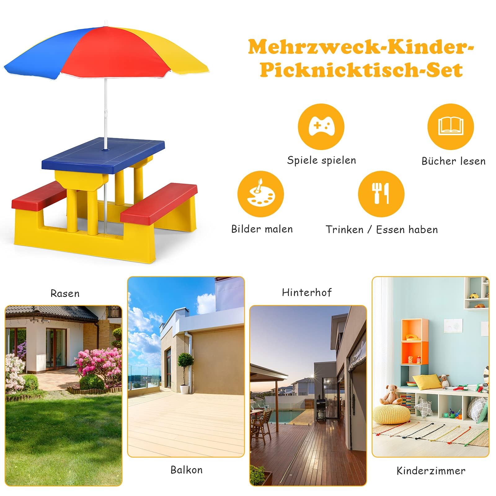 COSTWAY Kindersitzgruppe Outdoor mit Sonnenschirm, Kinder Picknicktisch mit Tisch & 2 Sitzbänke, Kinder Sitzgarnitur Garten, Kindertisch Gartenmöbel für Hinterhof, Terrasse (Gelb)