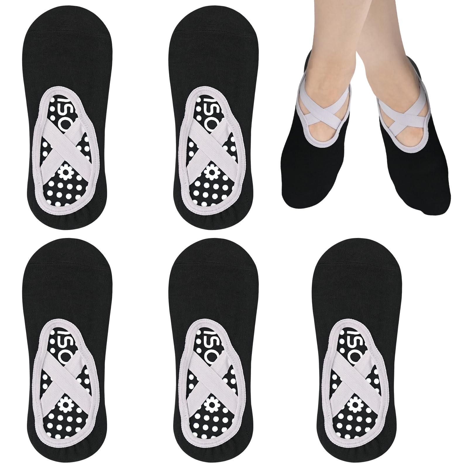 srclo 5 Pairs Non-Slip Grips Yoga Socks, Grippy Socks for Women Non-Slip Grips & Straps, Ideal for Pilates, Barre, Home Workout (5Black)