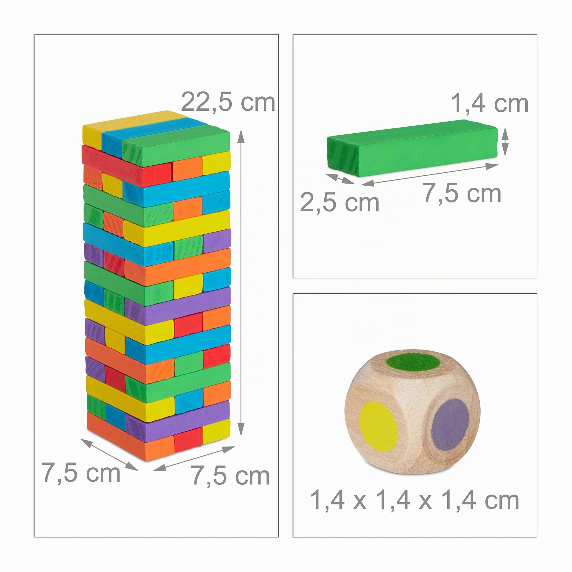 Relaxdays Jeu en Bois, 48 Blocs à empiler, dé, pour Enfants dès 3 Ans, habileté, Tour infernale, Multicolore