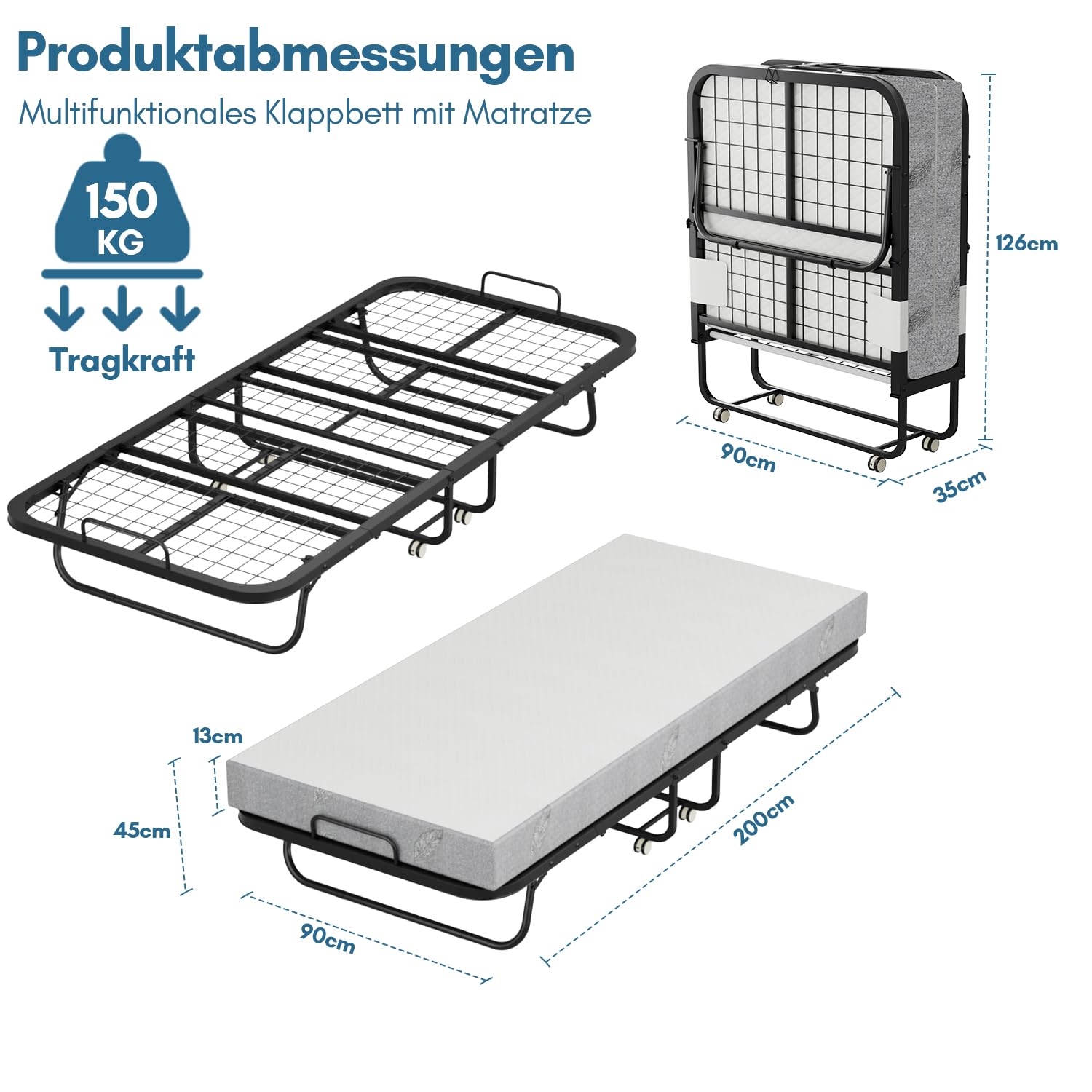 Eulenke Klappbett 90x200 cm Erwachsene Gästebett Klappbar Mit 13 cm Dicker Matratze, Faltbare Metallbett Mit Rollen, Reisebett bis 150 kg Belastbar für Schlafzimmer Wohnzimmer Büro