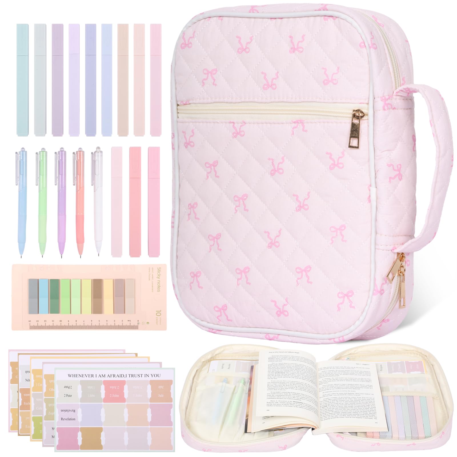 Bible Study Supplies with Bible Case, 12 Colored Highlighters, 5 Ballpoint Pens, 75 Bookmarks, 200 Labels, Large Capacity Book Carrying Cover Case for Women Christian Gifts(Pink Butterfly Pattern) — image 1