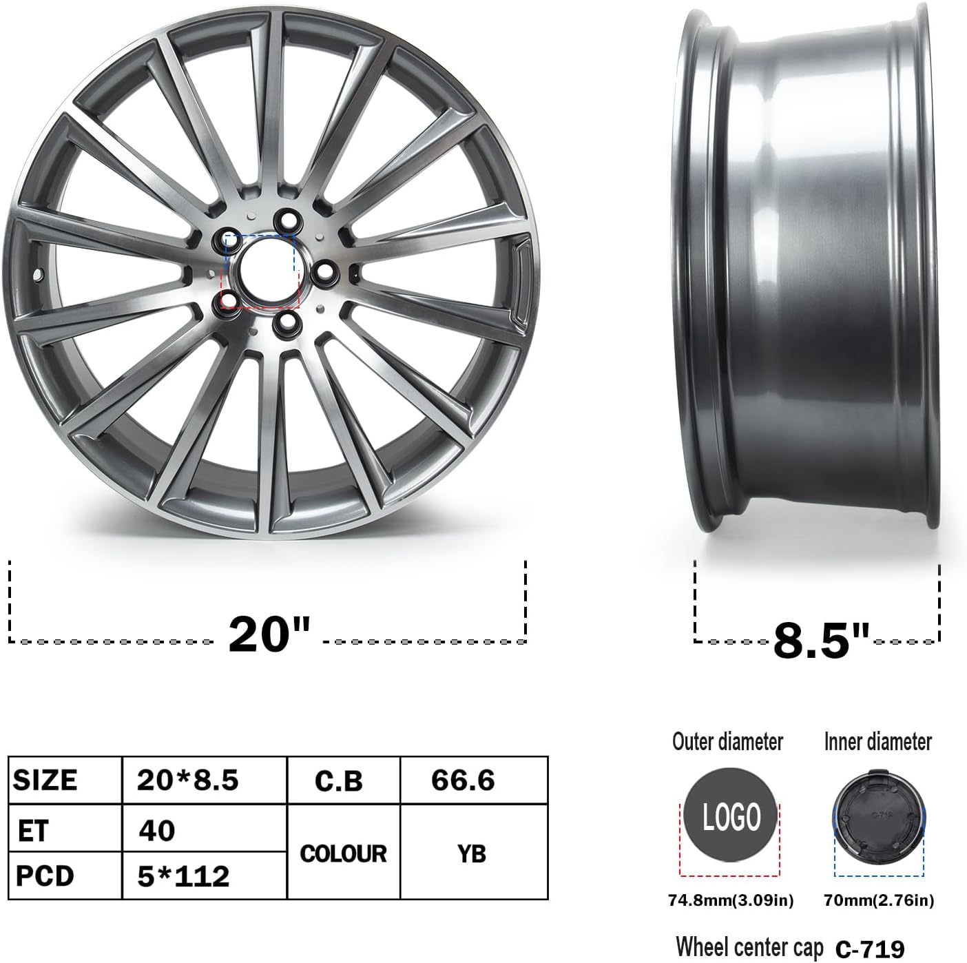 Replacement New 20'' x 8.5" Aluminum Alloy Wheel Rim Compatible with Mercedes-Benz S500 S550, Factory Replacement Rim, OE Direct Replacement (4 Pack)