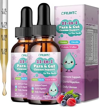 21 in 1 Parasite Cleanse for Humans & Kids, Herbal Gut Cleanse & Detox Support, Wormwood Black Walnut Pumpkin Seed, Probiotics 10 Billion CFU, Digestive & Gut Health Drops Mixed Berry Flavor 4 Fl Oz