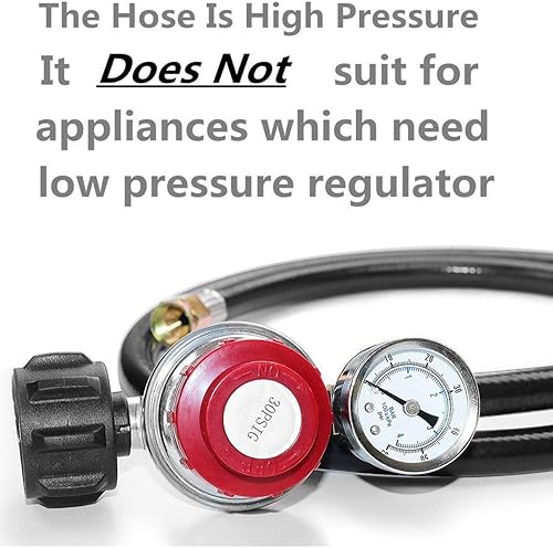 Miniatura 2 de DOZYANT Regulador de propano de alta presión ajustable de 4 pies 0-30 PSI y manguera con manómetro, se adapta a quemador de parrilla, freidora de