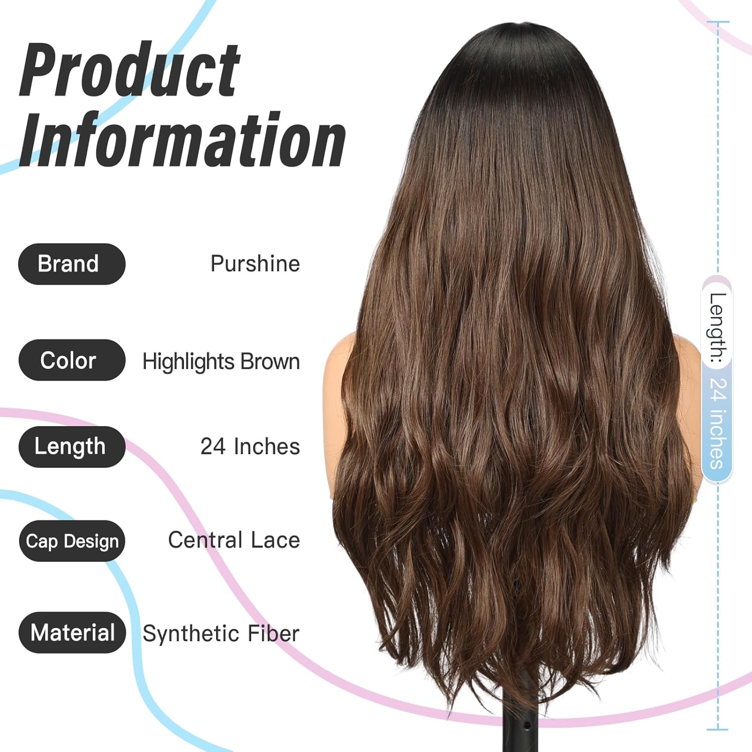 Long Wavy Highlights Brown Wig for Women, Natural-Looking Middle Part Heat Resistant Synthetic Wig for Daily Use - Image 3