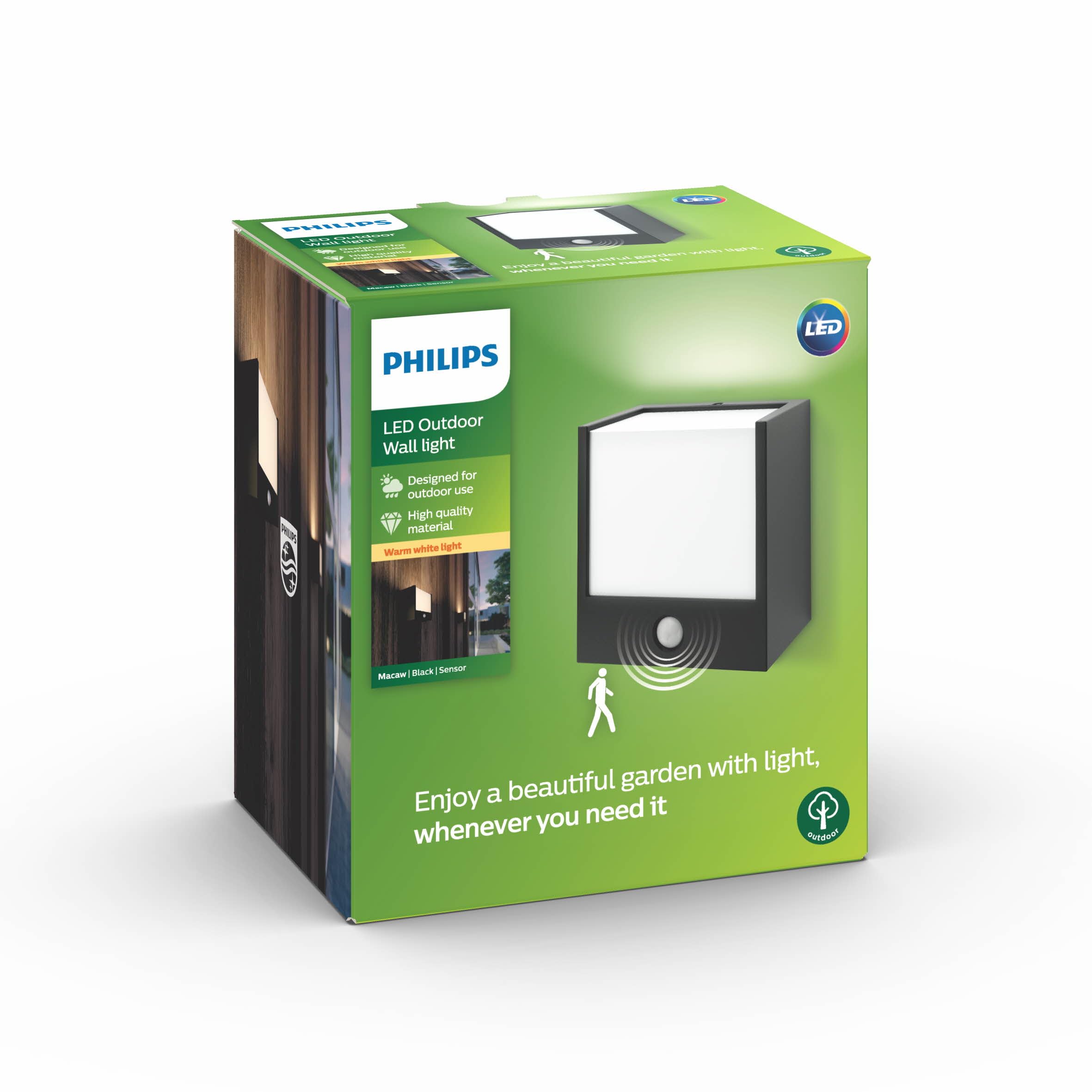 Philips myGarden LED Macaw Wall Light, Black with Motion Sensor. For Outdoor, Garden and Patio lighting