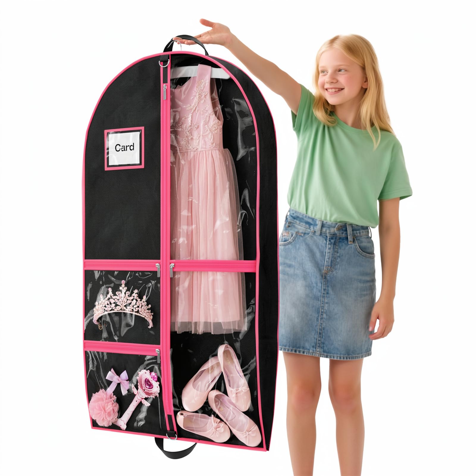 Costume Garment Bags for Dancers, Garment Bags with 3 Clear Zipper Pockets, Clothes Covers Protector Bags for Suits, Travel & Sports Jersey, Cheer Uniform, Cosplay（Pink, 1 Pack (40inches)）