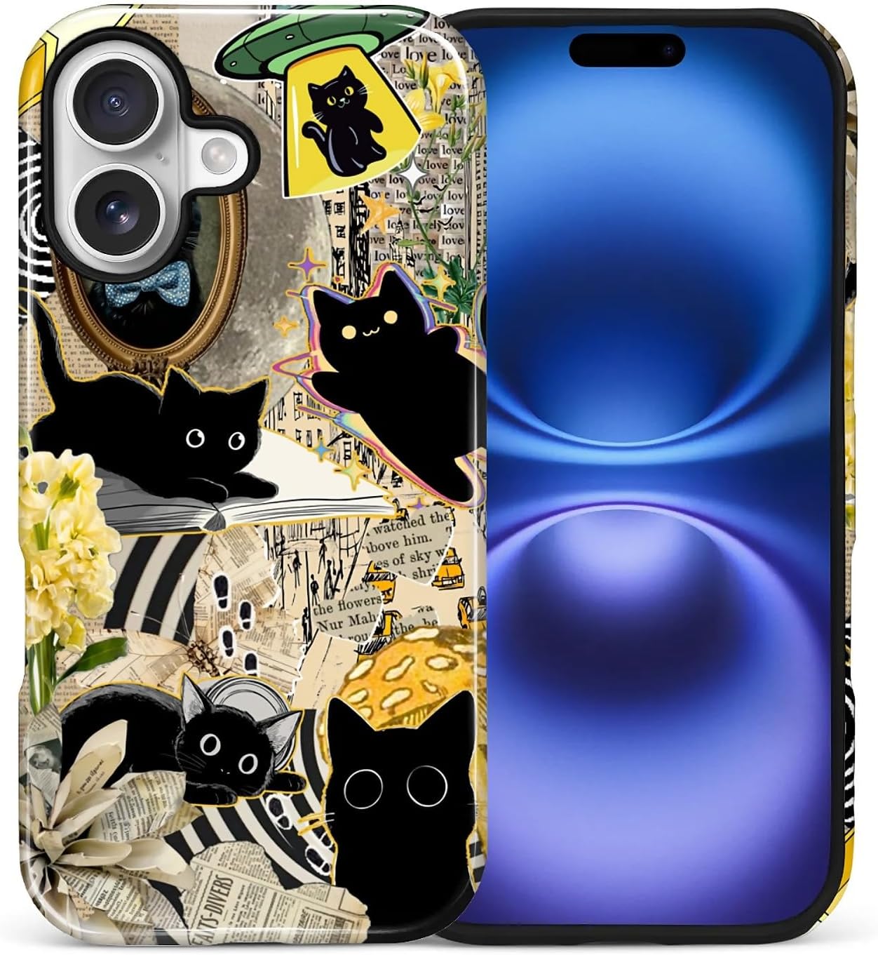 Case for iPhone 17, 2 in 1 PC Hard Shell & Silicone Inner Bumper, Anti-Scratch Full-Body Cover Shockproof Slim Design- Black Cat Collage Aesthetic