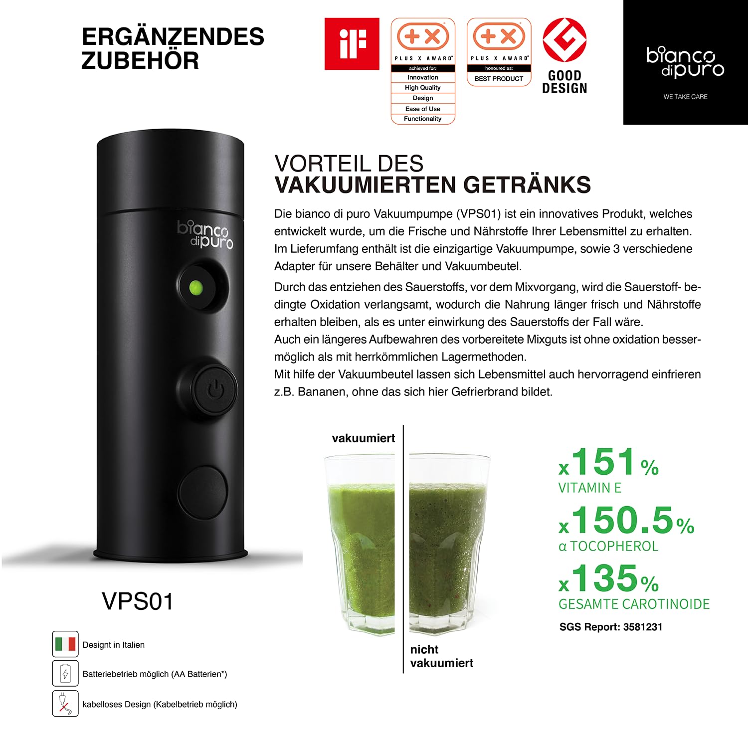 bianco di puro® Hochleistungsmixer Puro S Smoothie Maker 8 Mixprogramme 2 Liter Mixbehälter BPA-frei - Weiss