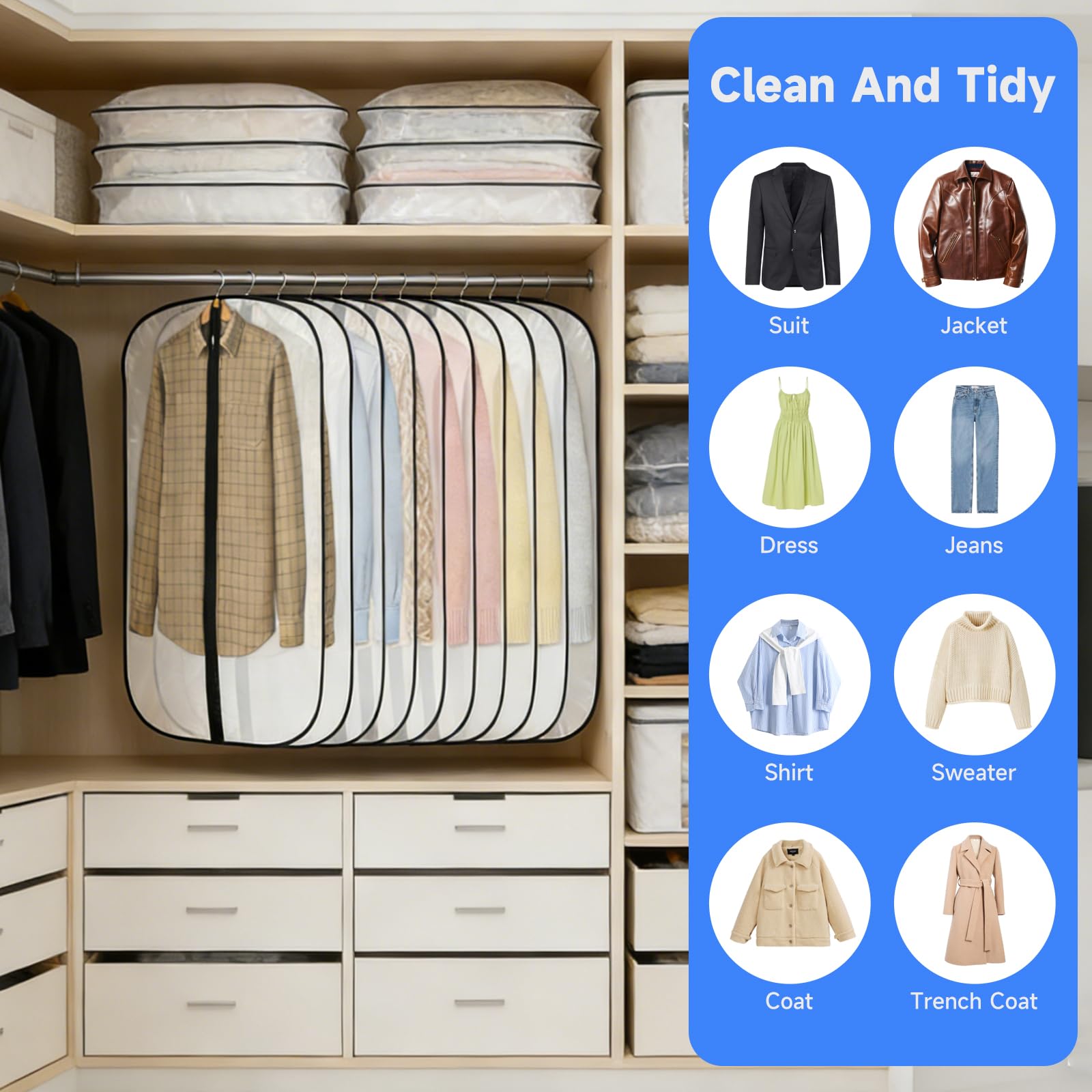 12 Fundas de Ropa, Bolsas Guardar Prendas Antipolvo Impermeables para Trajes, Vestidos, Camisas de Noche, Fundas Ropa Armario Transparente, Bolsas para Prendas a Prueba de Polillas - 5