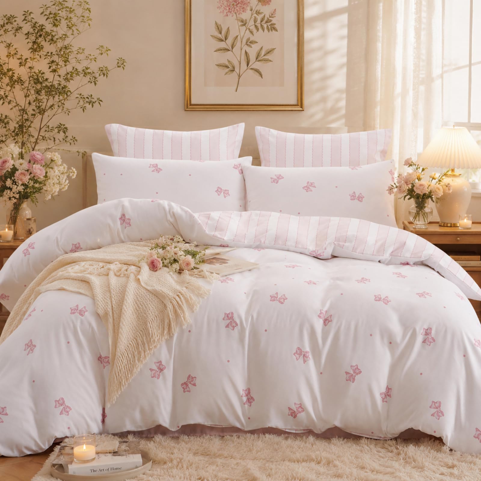 Parure de lit réversible 200x200 cm rose et blanche avec 2 taies d'oreiller