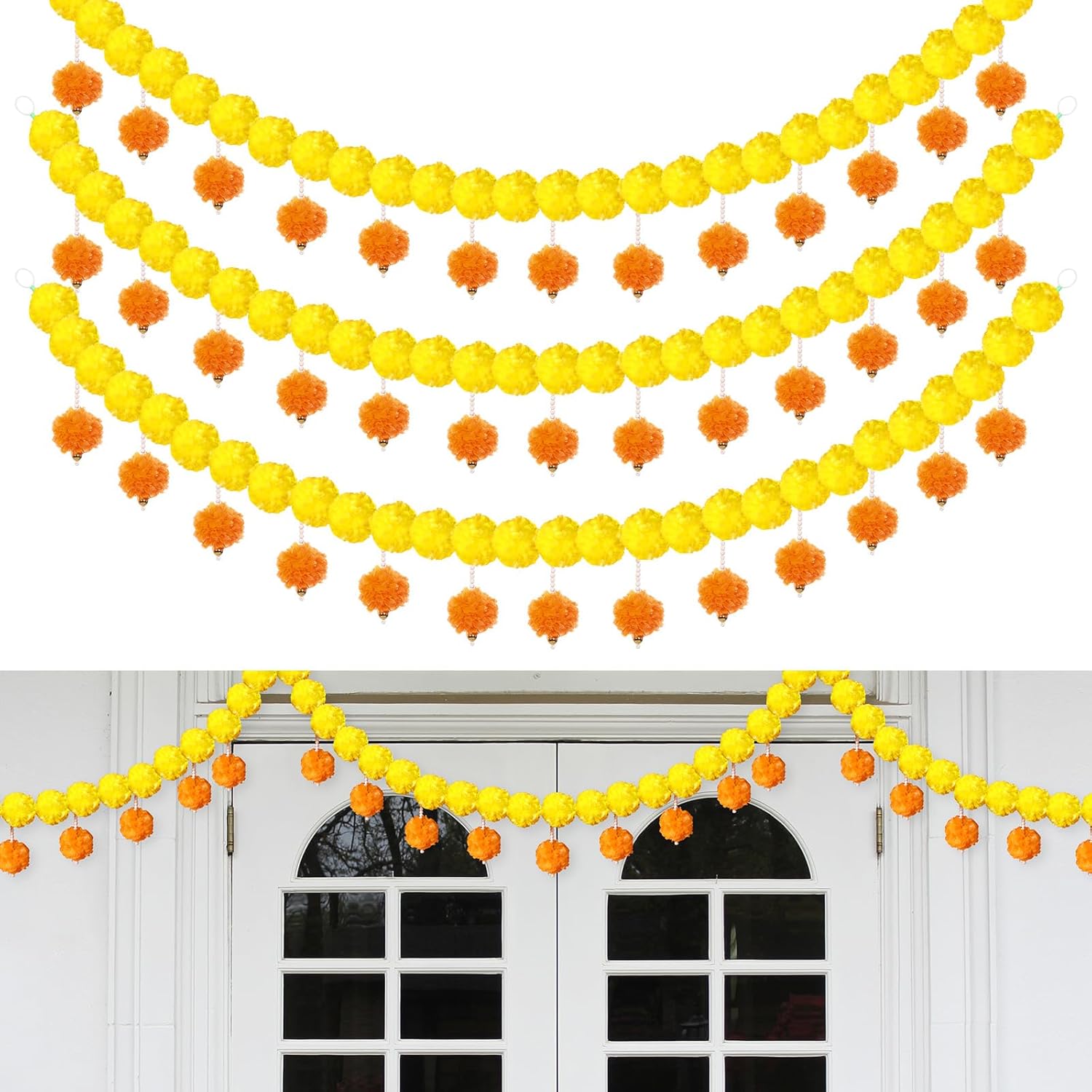 Riceshoot 3 Pcs Marigold Garland for Day of The Dead Decorations 4.6 Feet Long Strands Artificial Marigold Flowers with Pearls Decor for Día De Los Muertos Indian Wedding Toran Door Decor (Yellow) Yellow 3