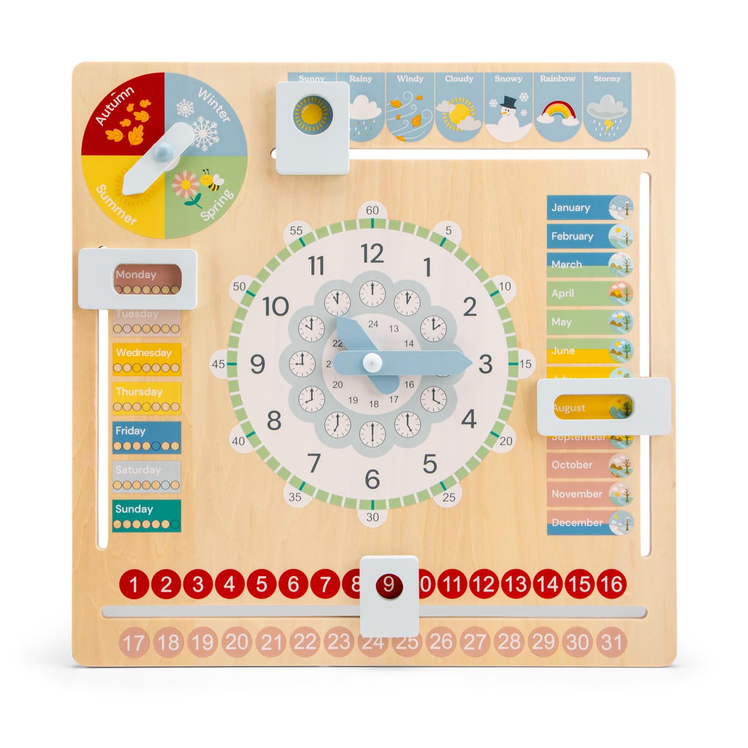 Woet Wooden Calendar Clock for Kids Age 3+ – Learn to Tell Time, Days, Months, Seasons & Weather – Montessori Educational Toy – Fun Preschool Wall Calendar for Boys and Girls
