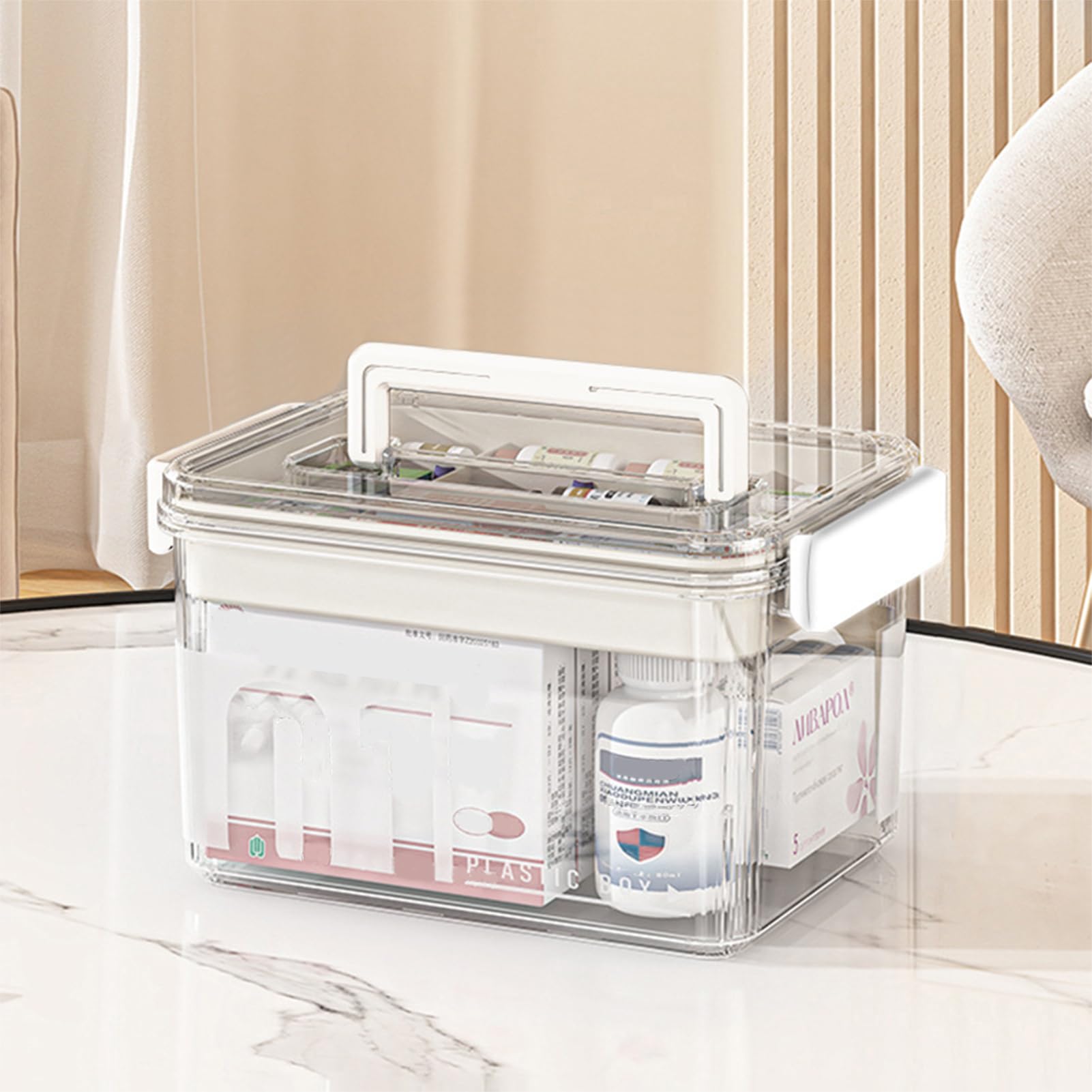 iayokocc Transparenter Medikamenten-Aufbewahrungs-Organizer und Erste-Hilfe-Box, mehrschichtige Medizin-Aufbewahrungsbox mit abnehmbarem Tablett und Griff, Mehrzweck-Organizer für Familie, Erste Hilfe