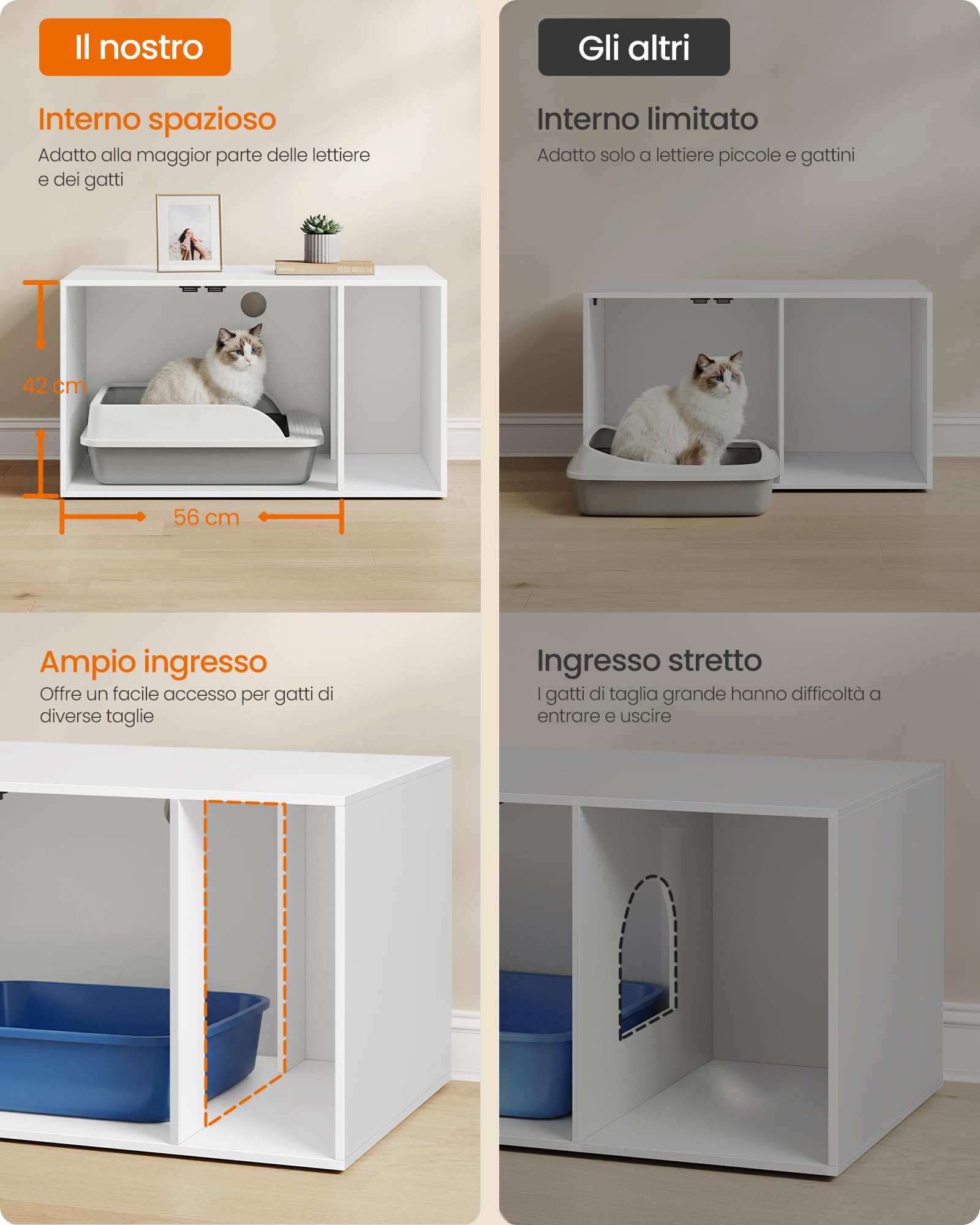 Feandrea Mobile Lettiera per Gatti, Toilette per Gatti Moderna, Ingresso Frontale, Doppie Ante con Maniglie, Utilizzabile come Tavolino, Soggiorno, 80 x 50 x 45 cm, Bianco Opaco PCL020WB02