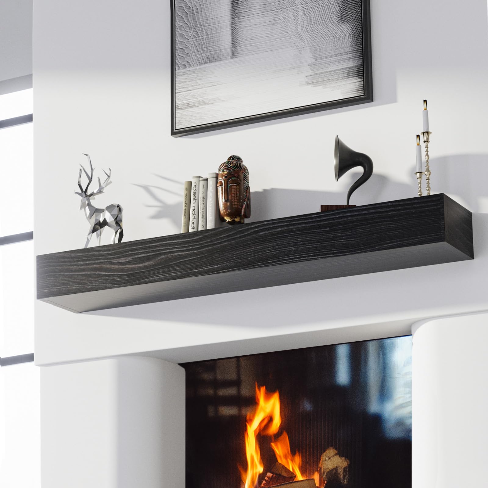 Fireplace Mantel Shelf 60", Rustic Wood Mantles for Over Fireplaces, Wall Mounted Farmhouse Decor, with Brushed Surface Workmanship(60Lx9”Dx6”H, Espresso)