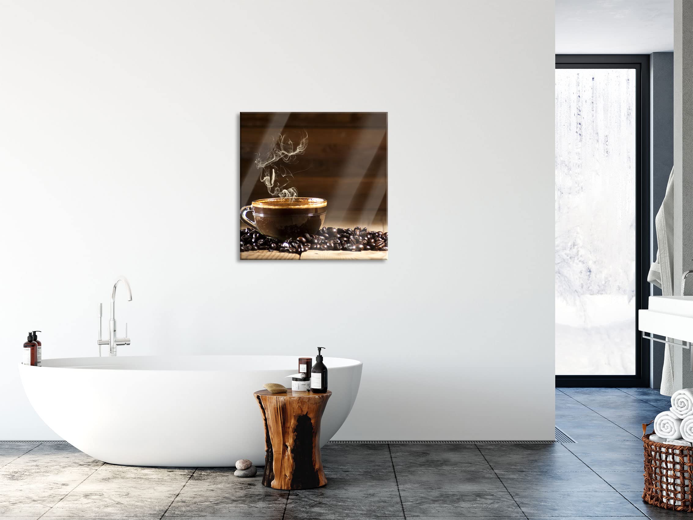 Pixxprint Glasbild, Wandbild auf Echtglas, Kaffee zwischen Kaffeebohnen, 40x40 cm, inkl. Aufhängung und Abstandshalter