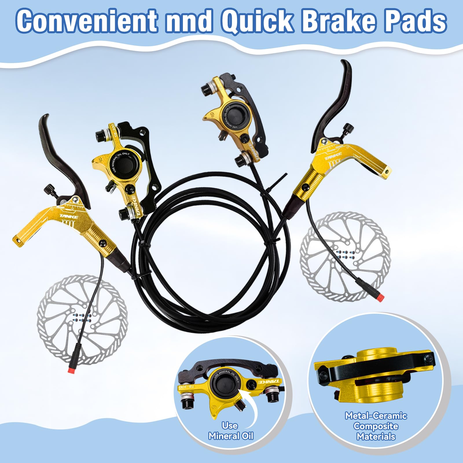 Zestawy hamulców tarczowych do rowerów Buachois, hydrauliczny zestaw hamulców do E-Bike z wirnikami 160 mm, dźwignie ciśnienia oleju 89 cm z lewej i 147 cm z prawej do elektrycznego skutera (złoto)