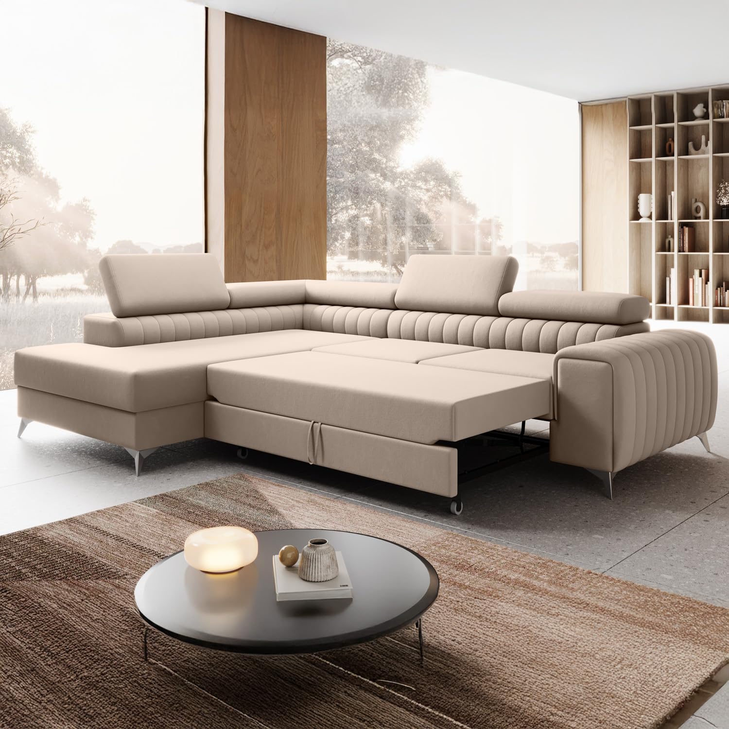 INTENSE DECO Canapé d'angle Gauche Convertible Isaac Velours Beige