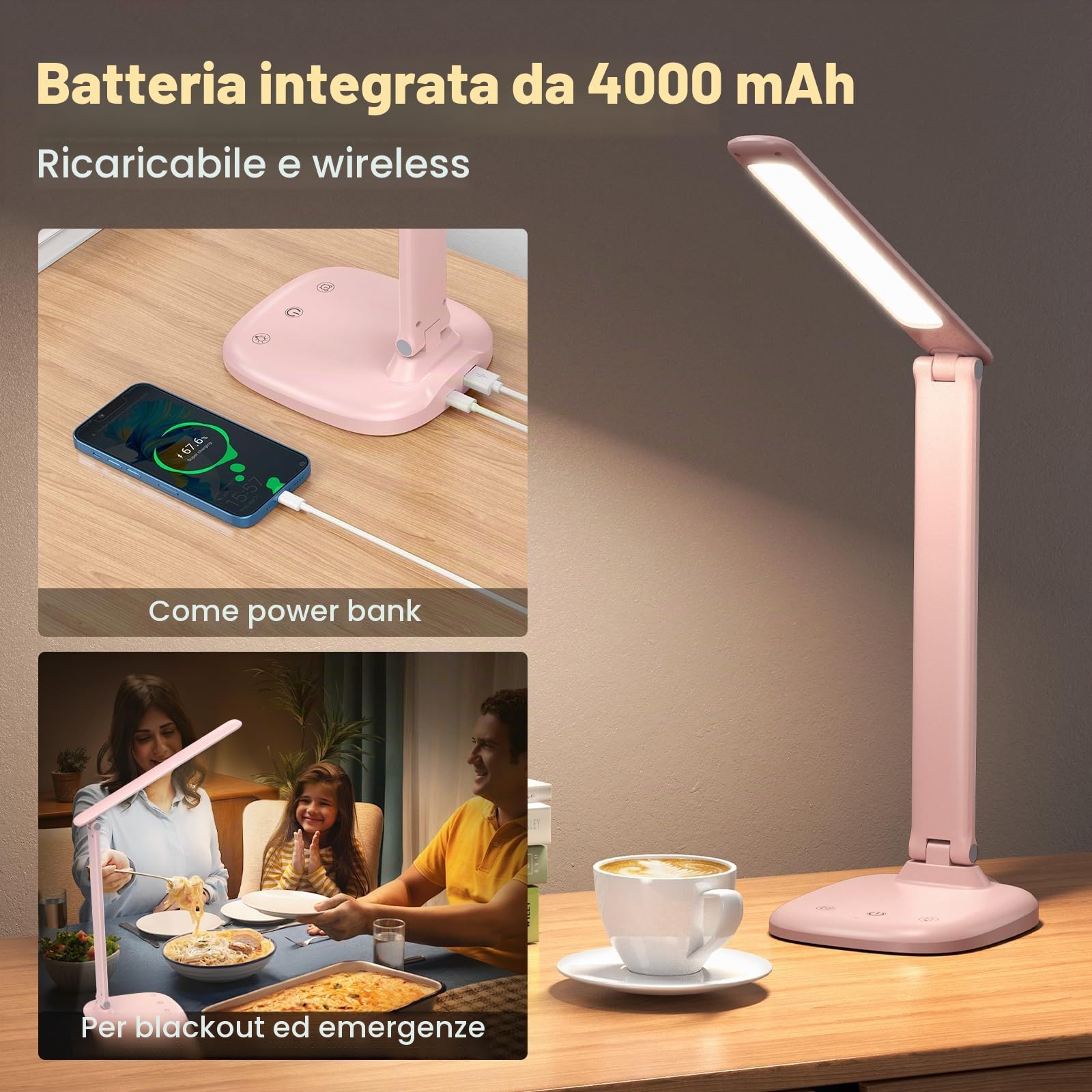 Lampada da Scrivania, Lampada da Tavolo Pieghevole con Batteria Integrata e Spina, 5 Temperature Colore e Regolazione Continua, Timer/Tattile/Memoria, Lampada LED Occhi per Casa e Ufficio, Rosa