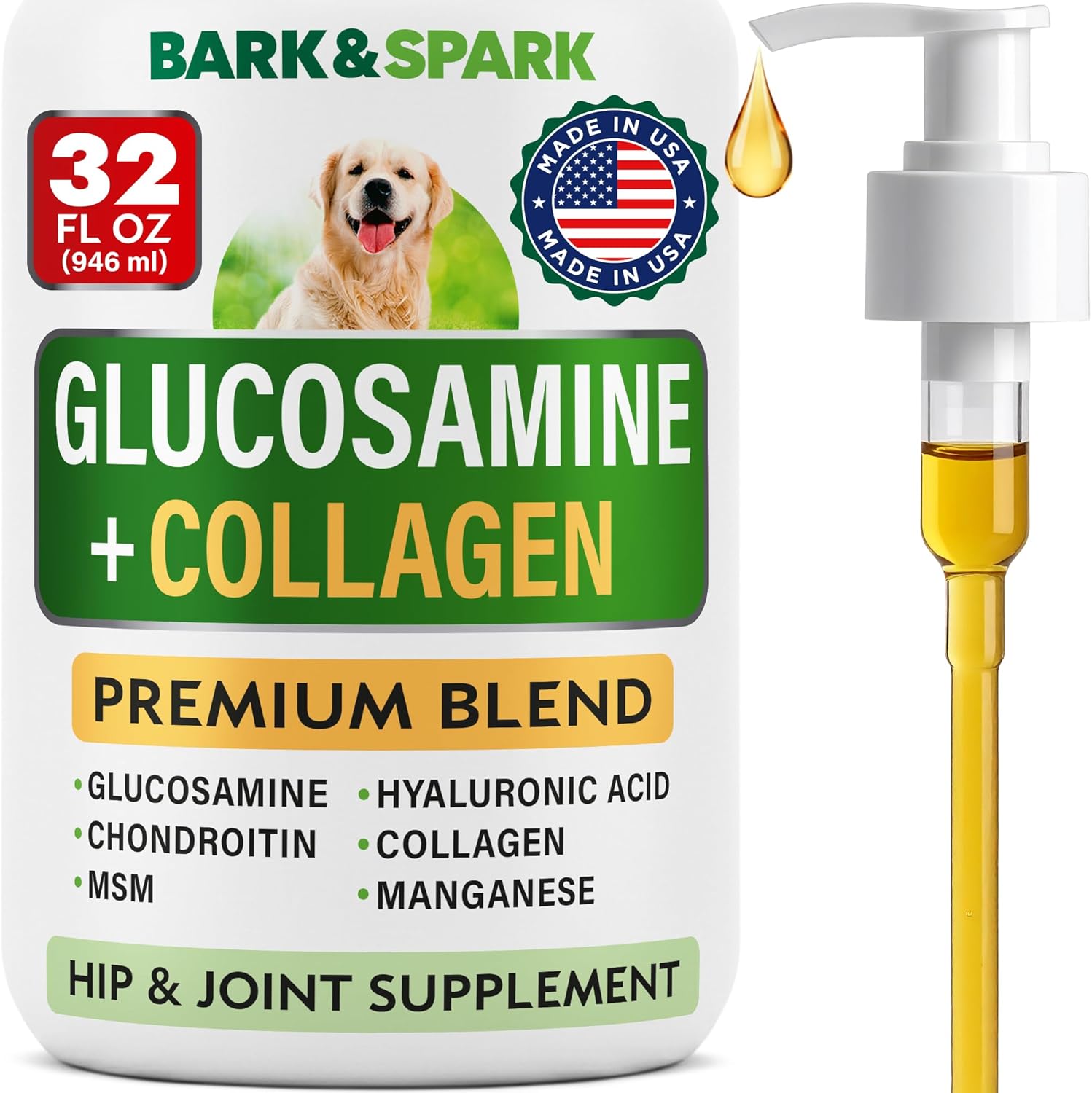 BARK&SPARK Liquid Glucosamine for Dogs w/Collagen (32 OZ) Advanced Mobility Joint Supplement for Dogs - Advanced Formula w/Chondroitin, MSM - Hip & Joint + Skin & Coat Care - Made in USA