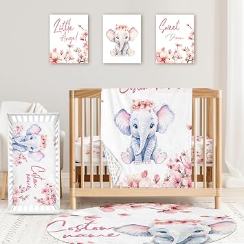 Personalized Baby Crib Bedding Set 4 Piece Custom Pink Flower Elephant Crib Bed Set with Name, Nursery Bedding Set for Baby Girls, Newborn Boys Crib Sets, Crib Bedding Custom Gift, Crib Sheet