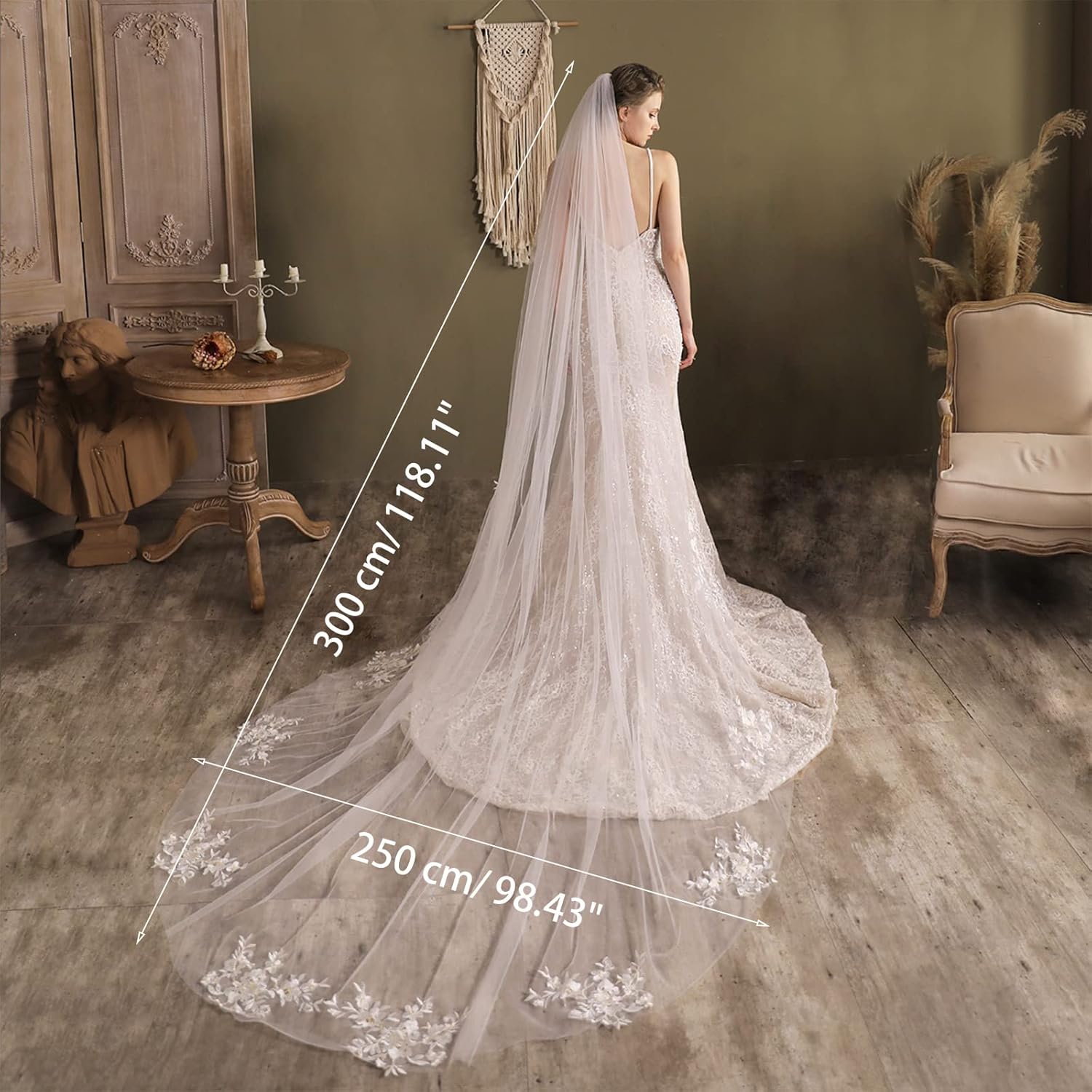 ブライダルベール コーム ワンレイヤー レーストリム アップリケ シアー チュール ロング ドロップ チャペルベール ウェディングフ