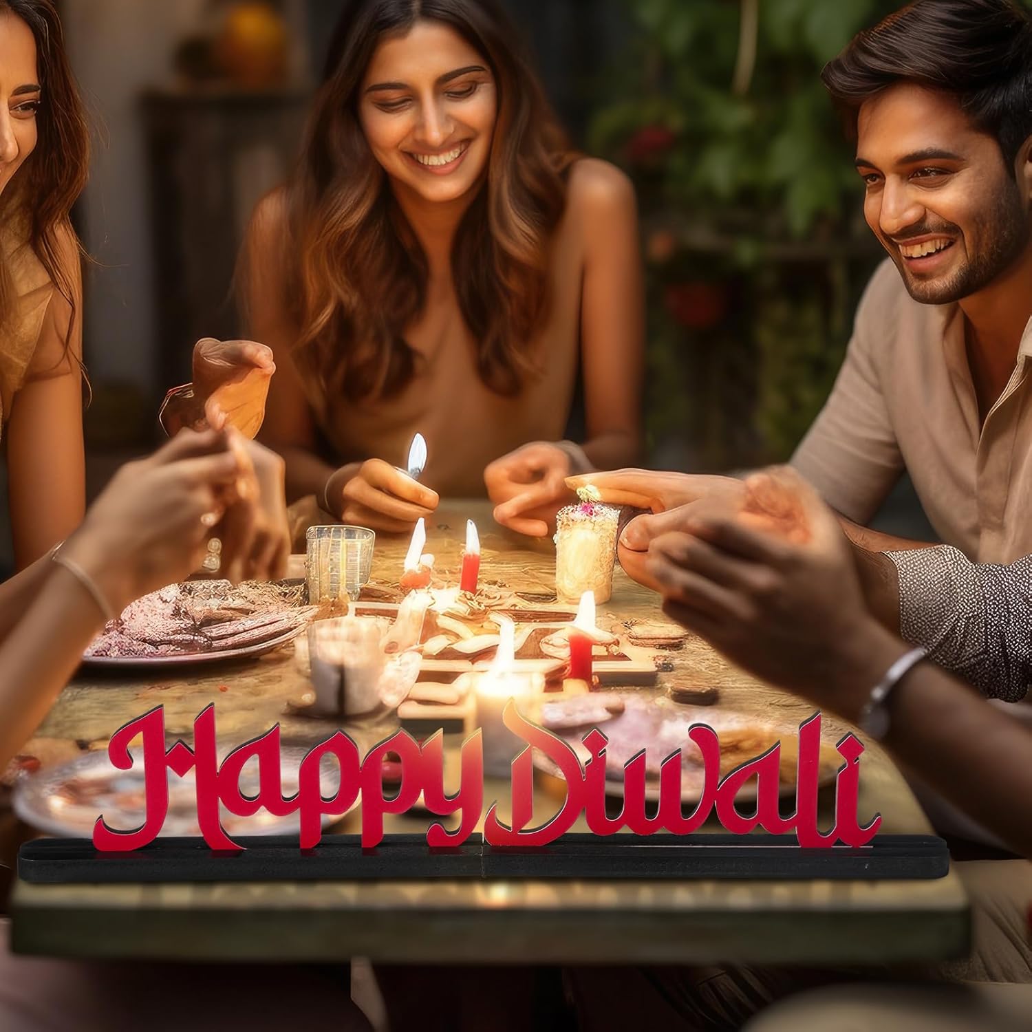 Amyhill 19 Inch Happy Diwali Wooden Table Decor Diwali Tabletop Centerpiece Indian Deepawali Decoration Sign for Home Office Desk Traditional Festival Deepawali Party Supplies