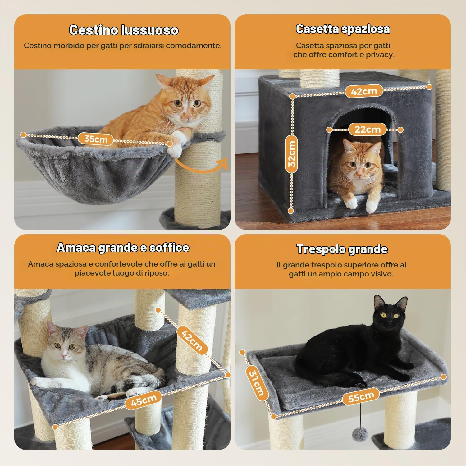 PAWZ Road Tiragraffi per gatti di grandi dimensioni, stabile con più livelli, amaca, 13 pali in sisalp (φ11 cm), grande sella, grotta, cestini, albero tiragraffi XXL, 170 cm, grigio