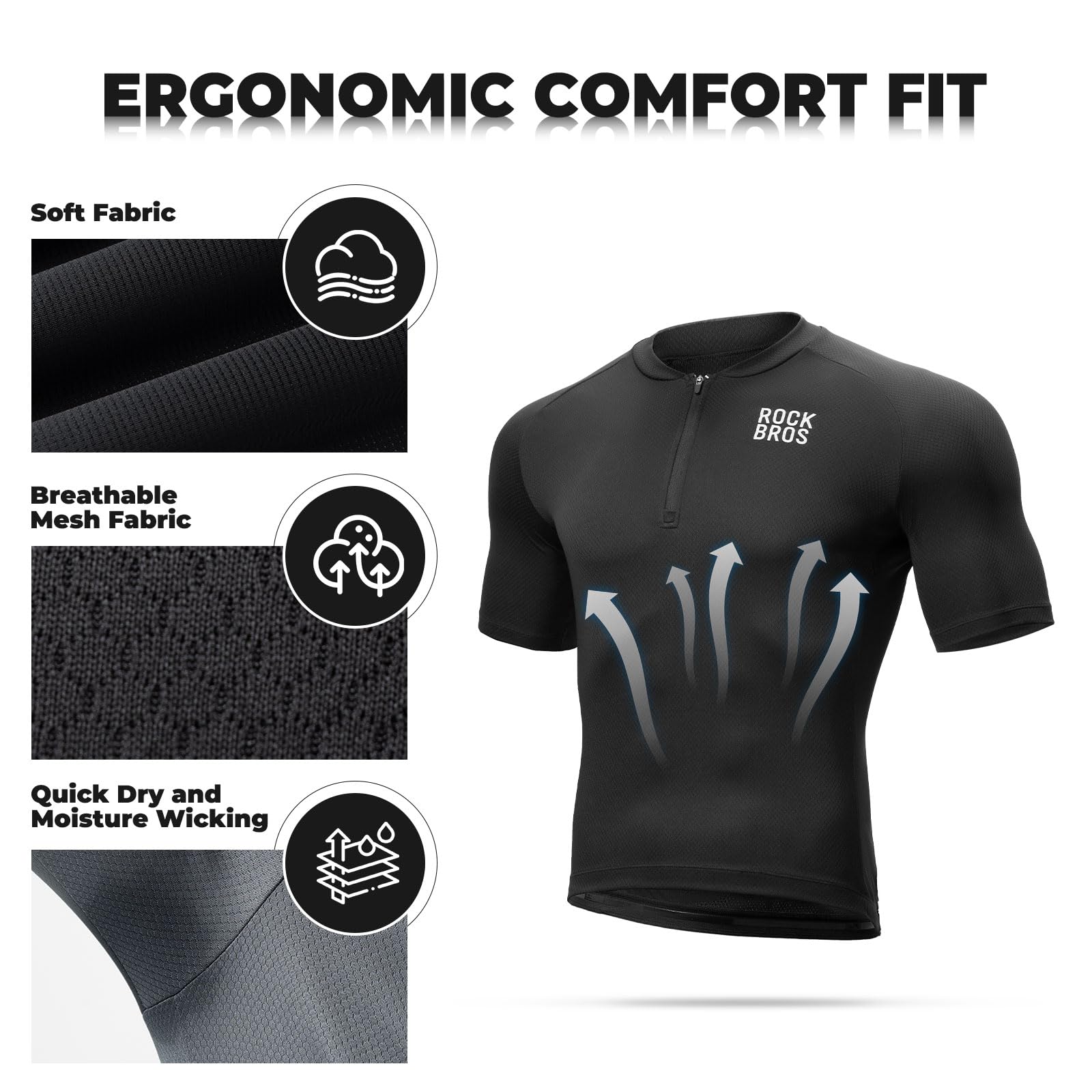 ROCKBROS Maillot Cyclisme Homme, T-Shirt Cyclliste Manches Courtes VTT, Séchage Rapide Réfléchissant Vélo T-Shirt avec 3 Poches Arrière pour Velo de Route