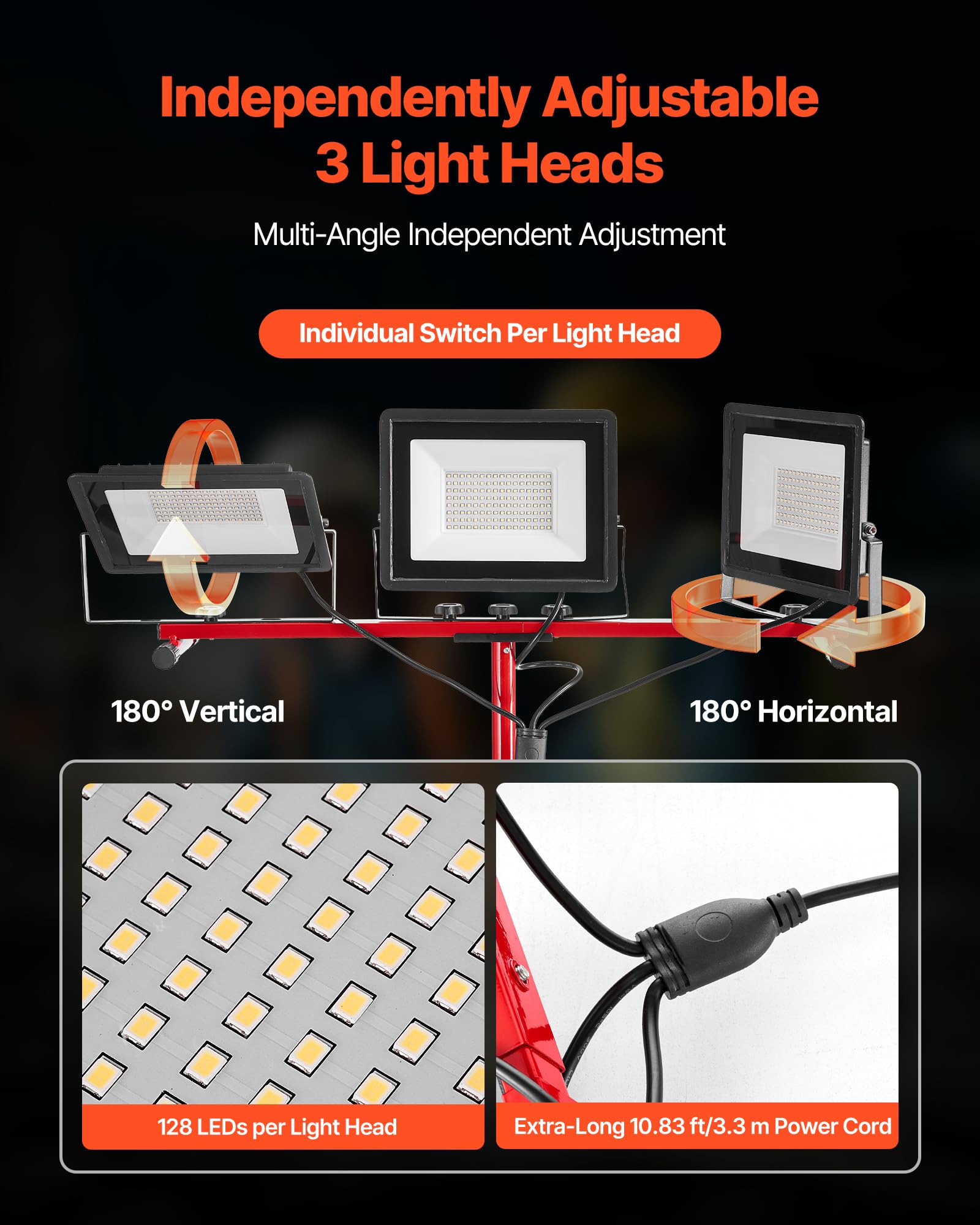 VEVOR Luz de Trabajo LED con Soporte, 21 000 Lúmenes, Luz de 3 Cabezales con Interruptor Individual, Trípode y Cable de Alimentación de 3,3 m para Obras de Construcción, Resistente al Agua IP65
