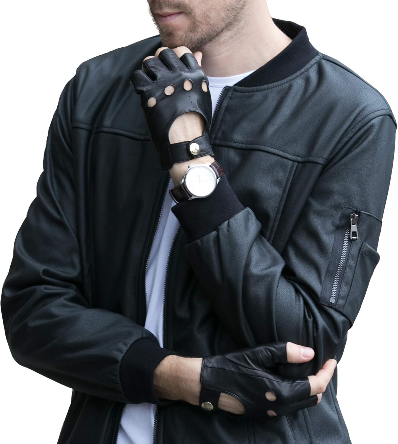 YISEVEN Men's Fingerless Lambskin Leather Gloves