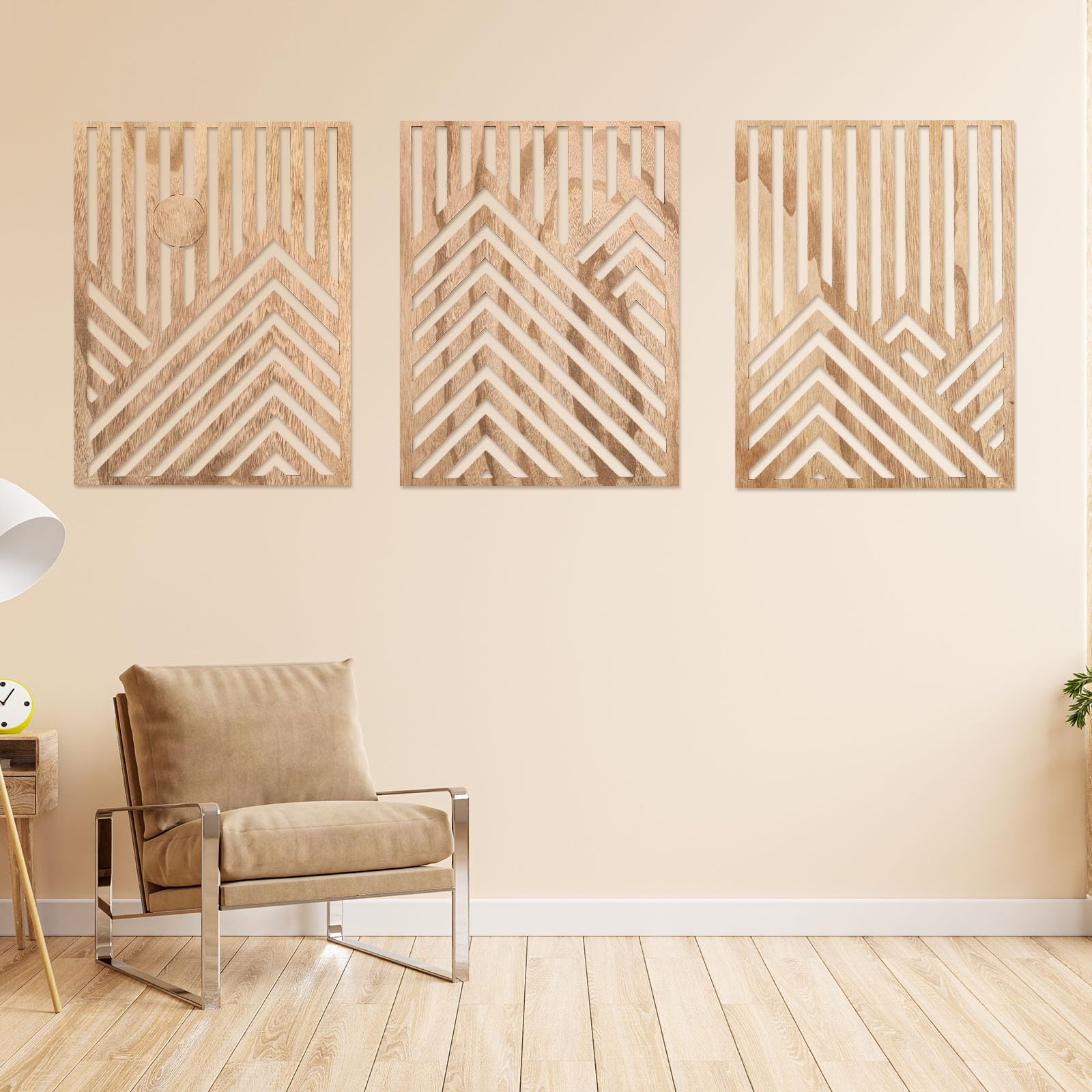 3 piezas de arte geométrico moderno de madera para pared, decoración minimalista para interiores contemporáneos, panel tallado hueco hecho a mano, decoración colgante para el hogar, pasillo, sala de