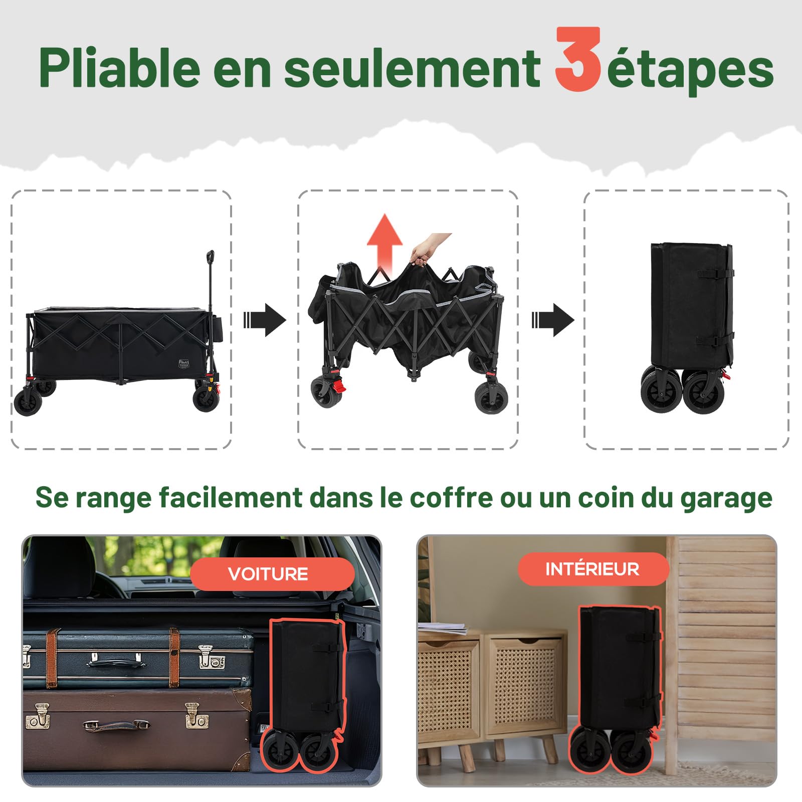 TIMBER RIDGE Chariot de Camping Pliable 300L Roues Tout Terrain avec Frein | Chariot charge max.150kg, housse amovible et roues tout terrain avec frein, idéal pour le camping, le jardin et le shopping