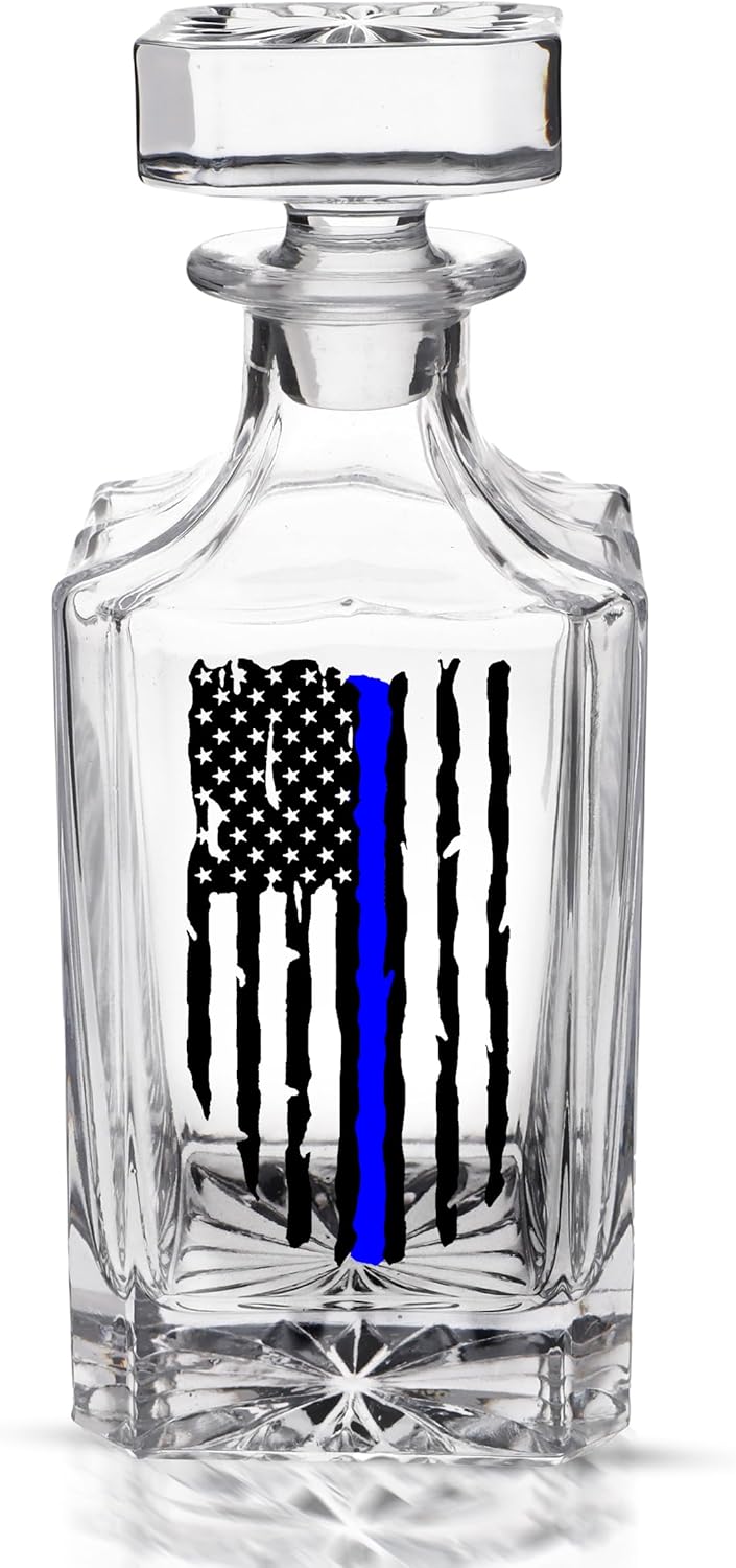 Thin Blue Line Tattered Flag Police Officer Whiskey Decanter With Glass Stopper Custom Gift For Men Dad Father's Day