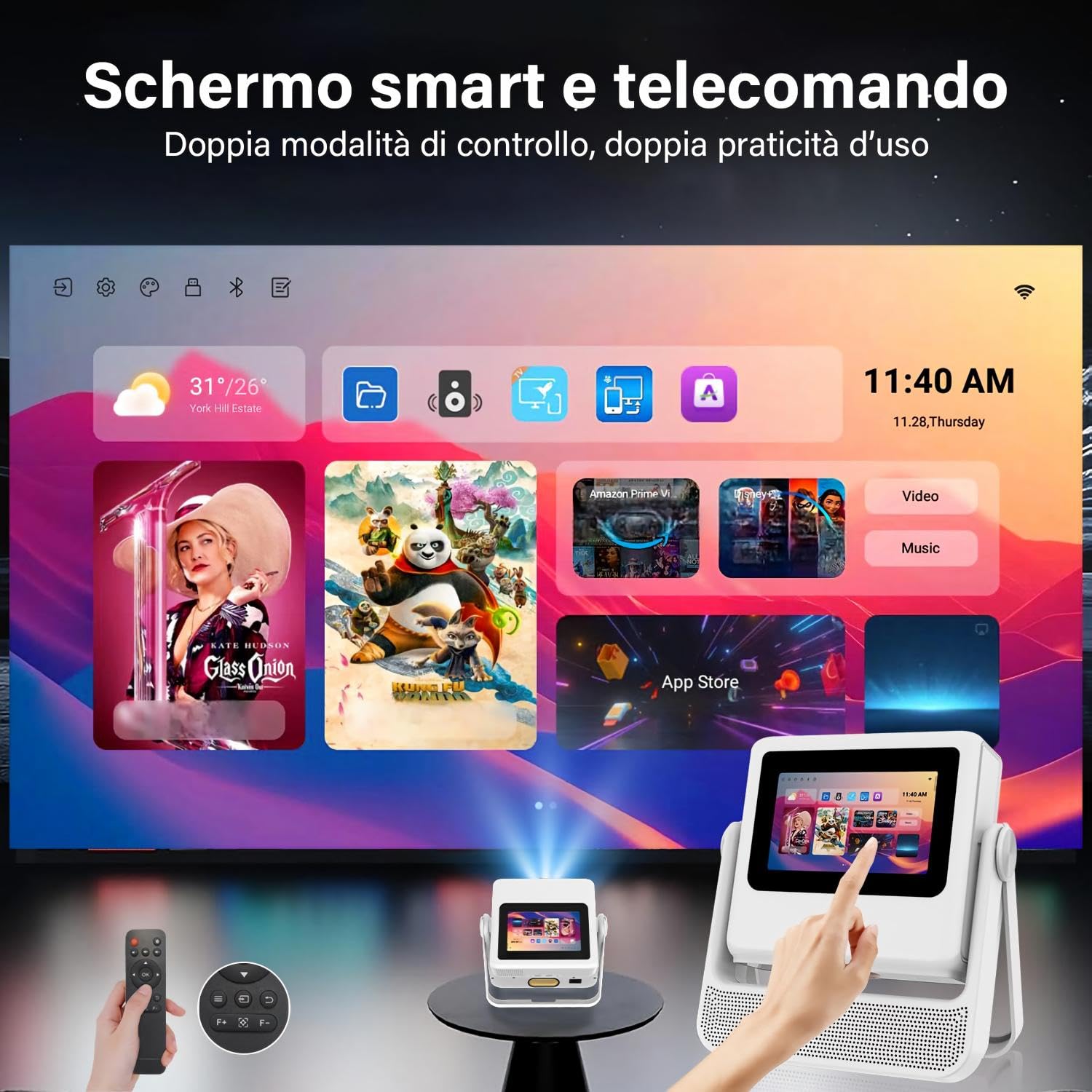Proiettore Smart 4K Supportato con Touchscreen 7" e Doppio Display, Autofocus e Correzione Trapezoidale Automatica, WiFi 6 Bluetooth, HDR10, Videoproiettore Home Cinema per Smartphone, PC e Console