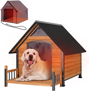 Outdoor Heated Dog House with All-Around Insulated Liner Weatherproof Puppy Shelter Indoor Dog Kennel, Anti-Bite Dog Home for Large Breed with Porch Brown-2, 50.8" D x 37.4" W x 37.2" H