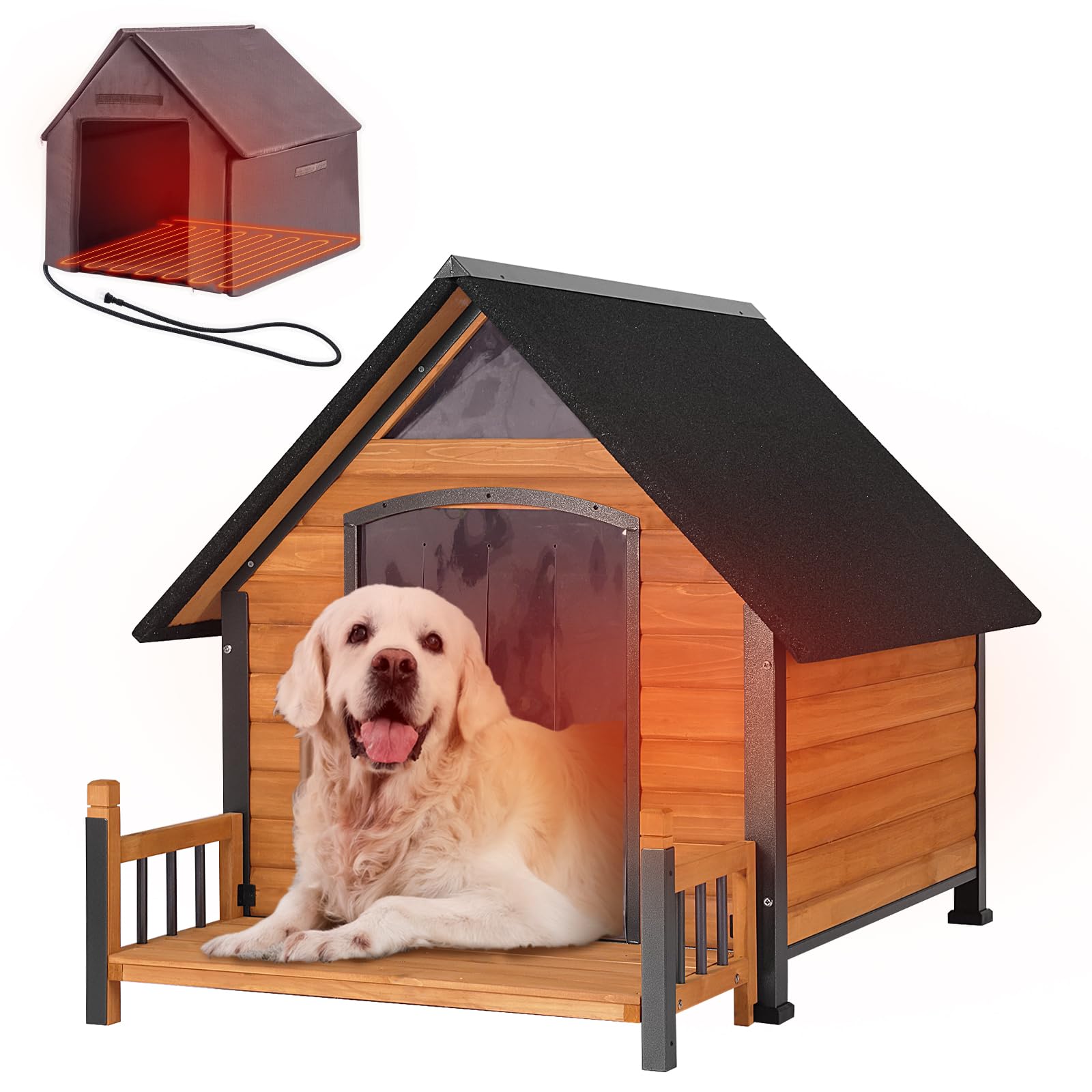 Outdoor Heated Dog House with All-Around Insulated Liner Weatherproof Puppy Shelter Indoor Dog Kennel, Anti-Bite Dog Home for Large Breed with Porch (