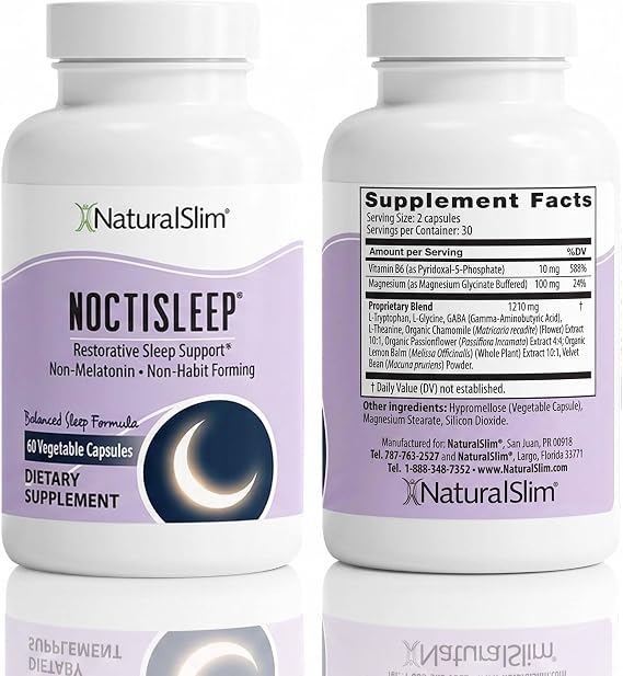 NaturalSlim NoctiSleep Natural Sleep Aid, Magnesium Glycinate & L Theanine, Melatonin Free, Deep Sleep Support with Vitamin B6, 60 Veg Capsules