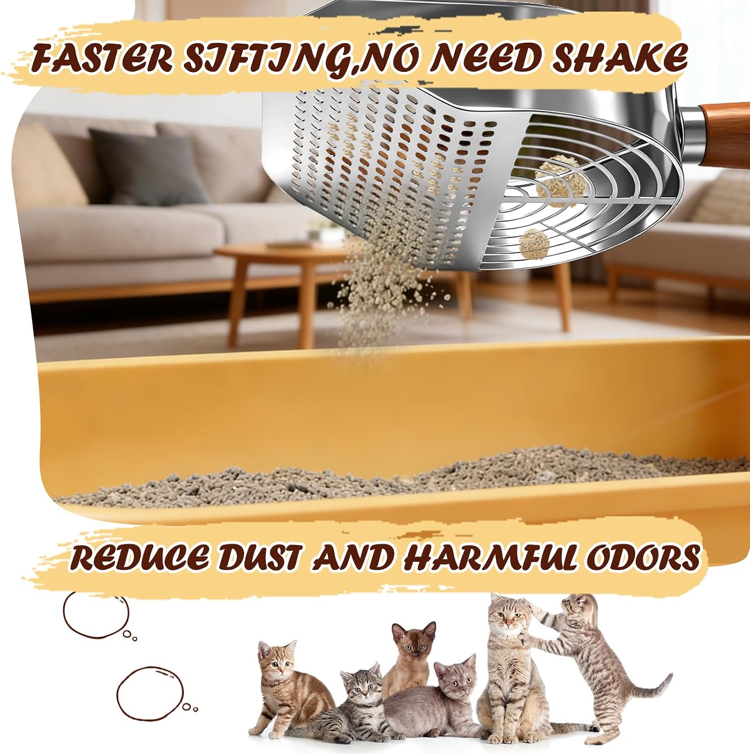 Cat Litter Scoop 304 Stainless Steel Rust Proof, Sifting Litter Box Scooper with Wood Handle, Curved Design for Easy Cleaning, Dual Sifter Holes cat Litter Shovel