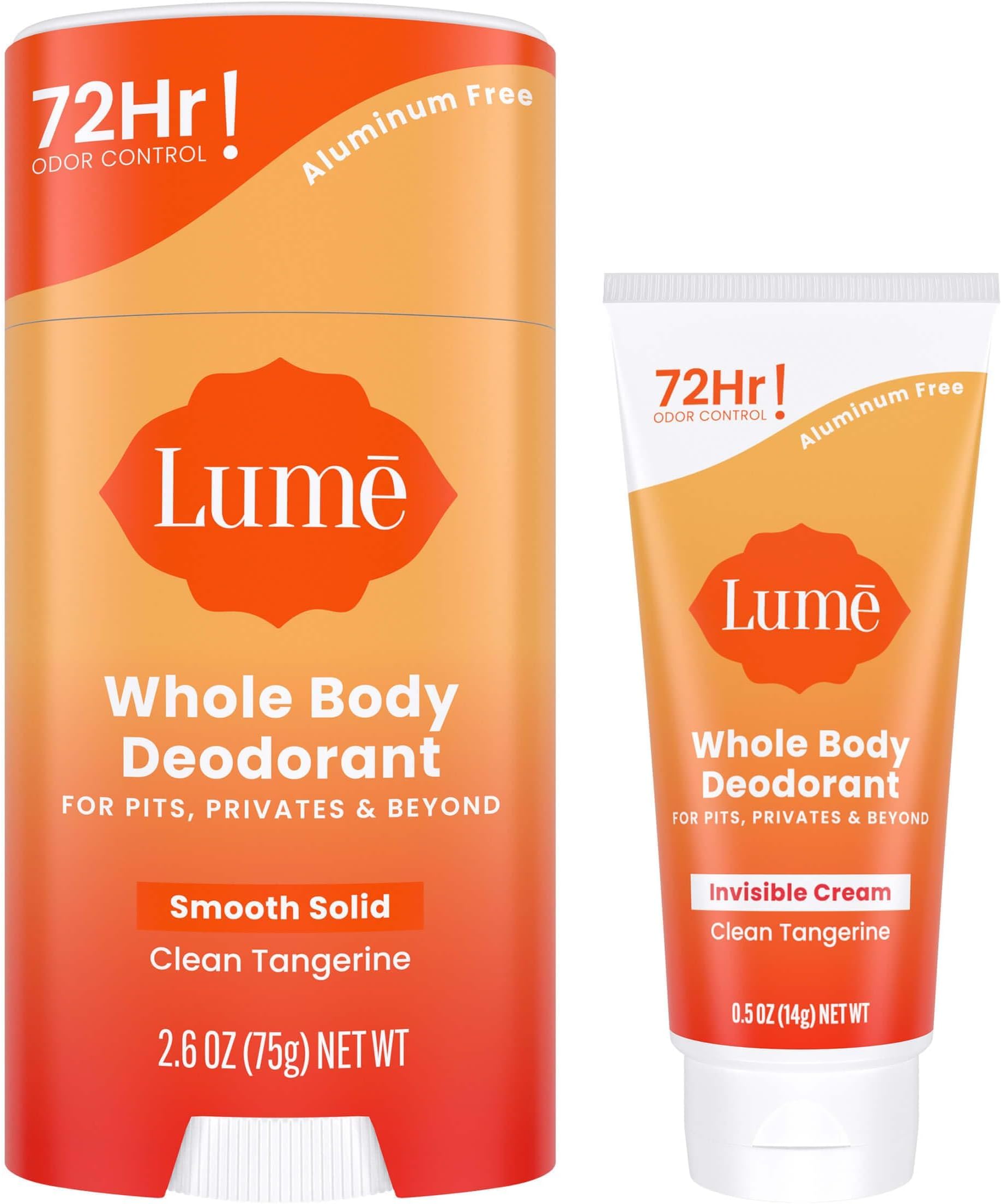 Whole Body Deodorant - Invisible Cream Tube Mini + Solid Stick Bundle - 72 Hour Odor Control - Aluminum & Baking Soda Free, Skin Loving (Clean Tangerine)
