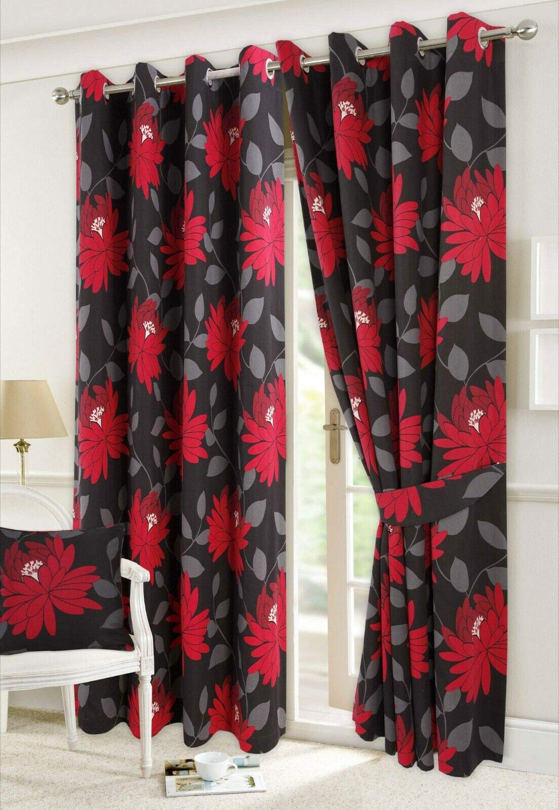 EHD Isla Poppy and Seren Floral Pattern Luxury Curtain Pairs Fully Lined Eyelet Top Curtains With Matching Tie Backs (Seren Black, 66" x 90")