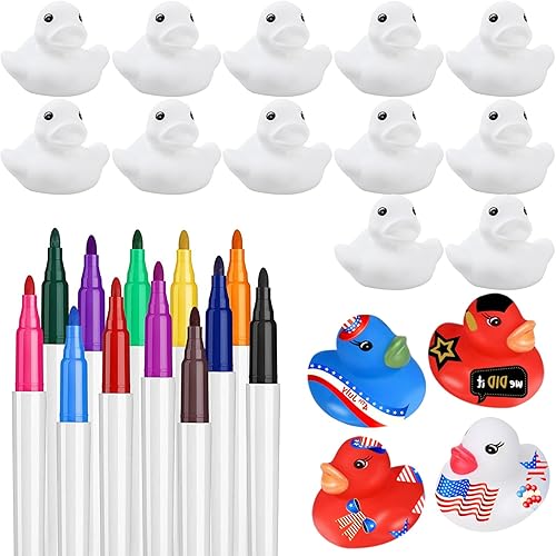 Patos de goma blancos en blanco de 2 pulgadas, juguete flotante de baño con bolígrafos de color impermeables para cumpleaños de bebé, recuerdos de
